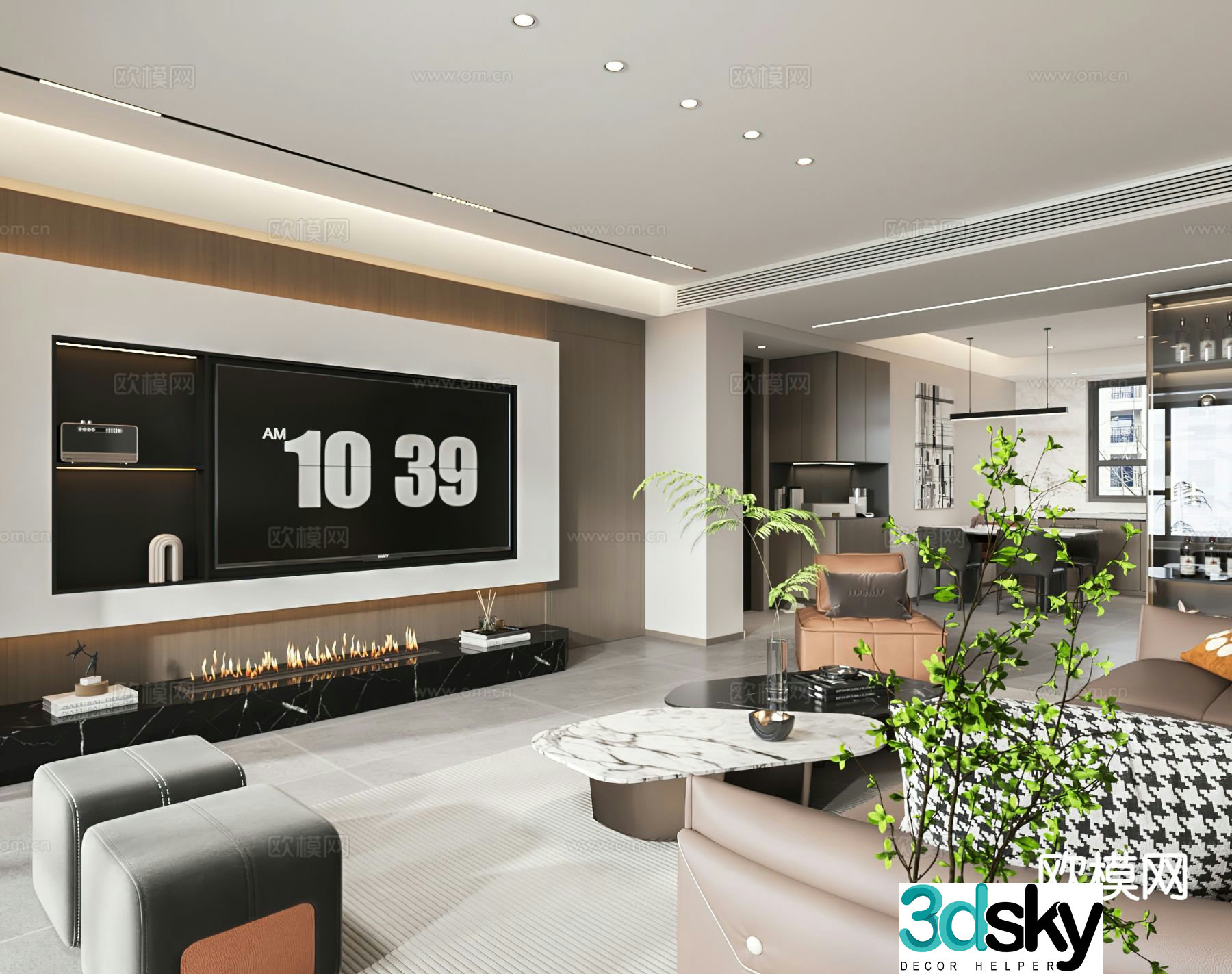 Modern living room kitchen 3d model