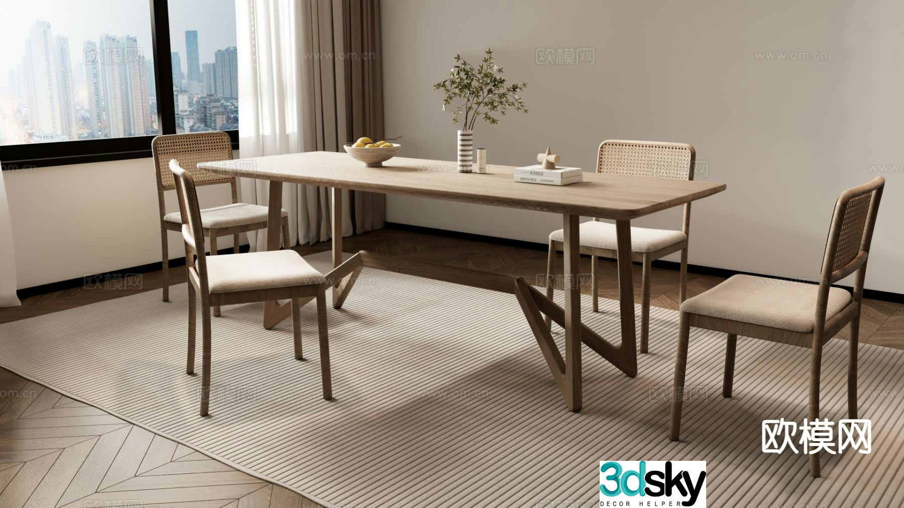 Cream style dining table and chairs long dining table 3d model
