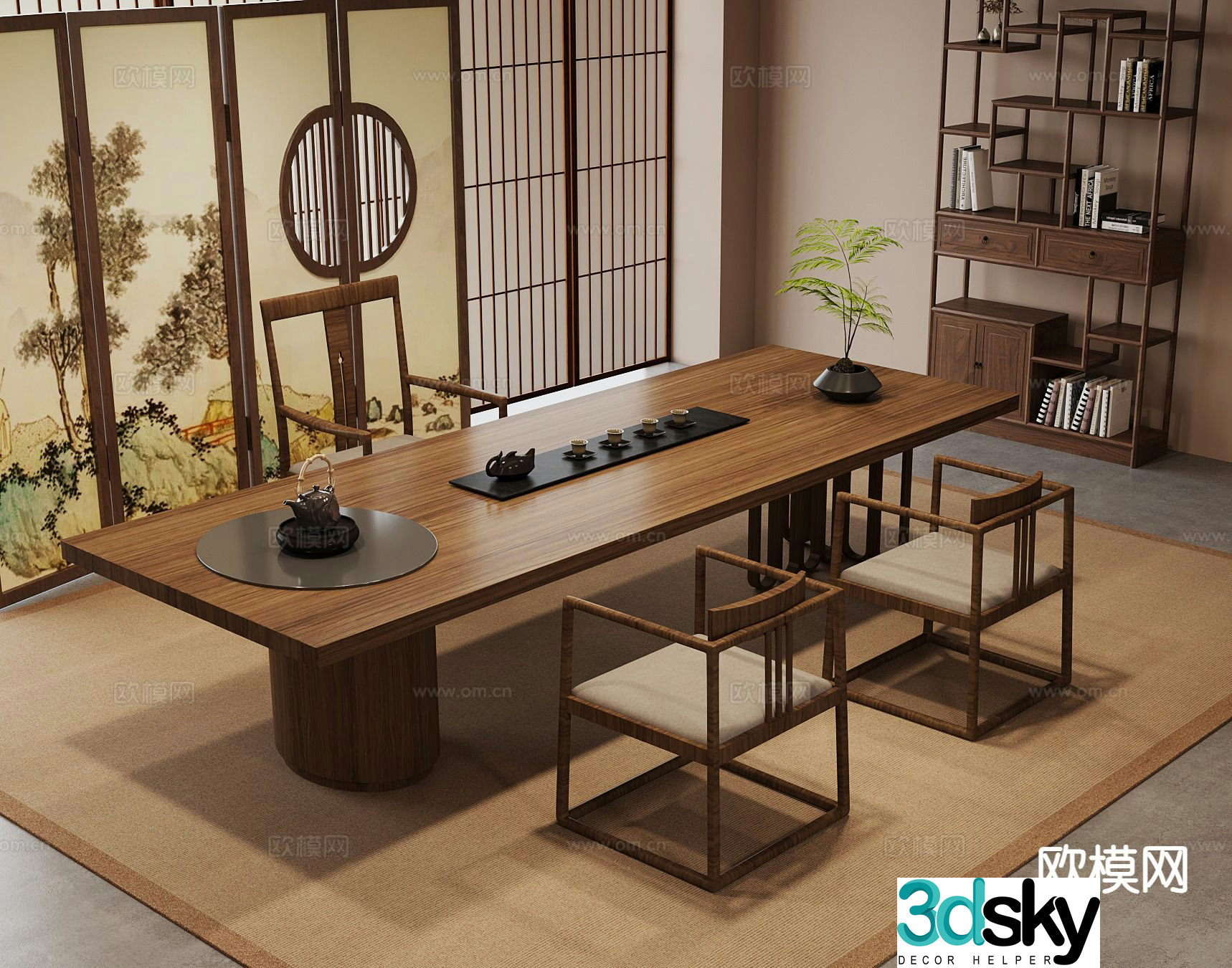 New Chinese style tea table and chairs tea set Bogu rack 3D model