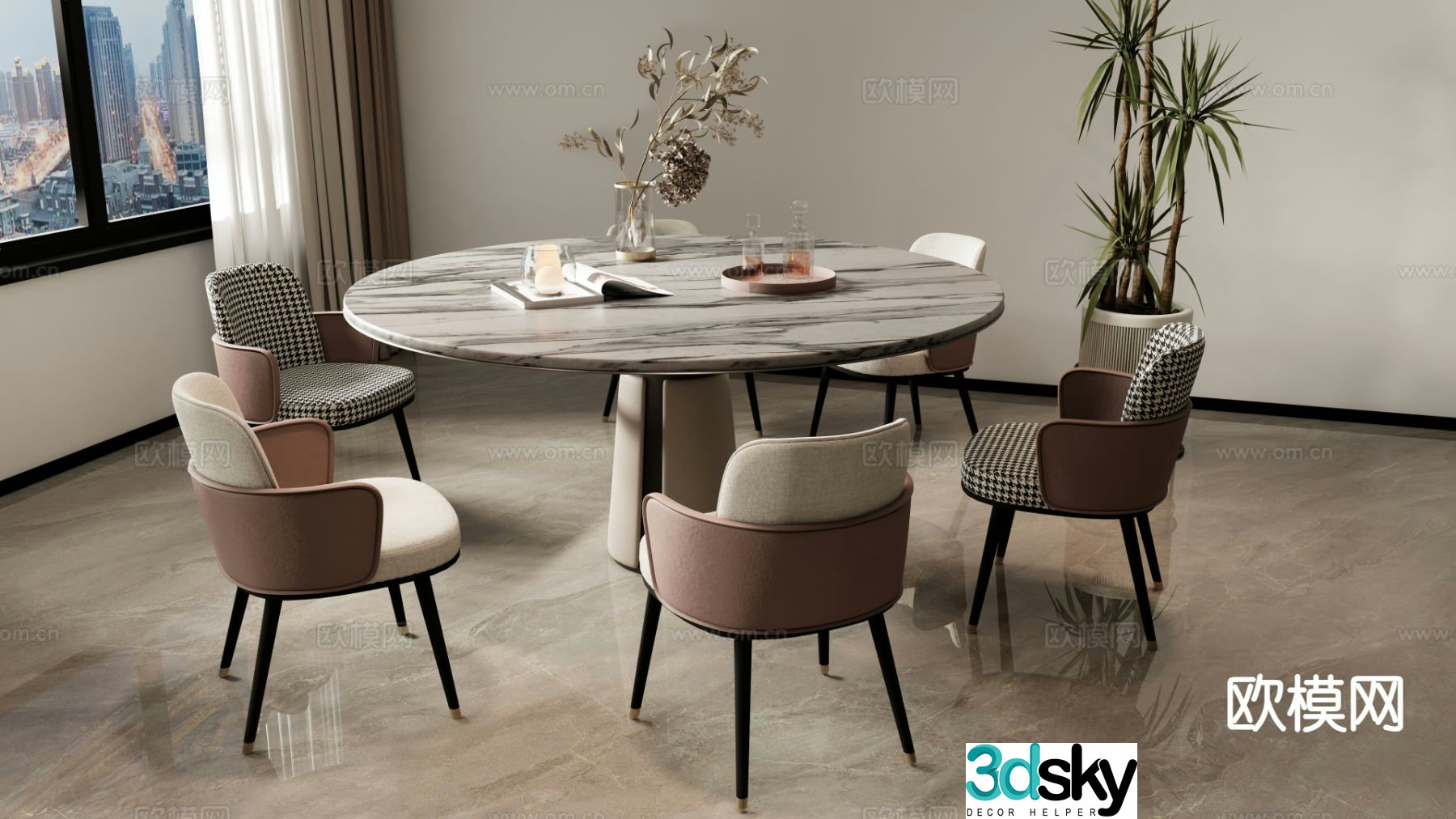 Light luxury dining table and chairs round dining table 3D model