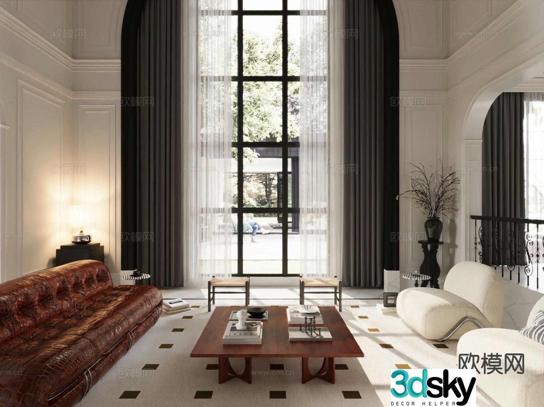 3D model of living room in simple European villa