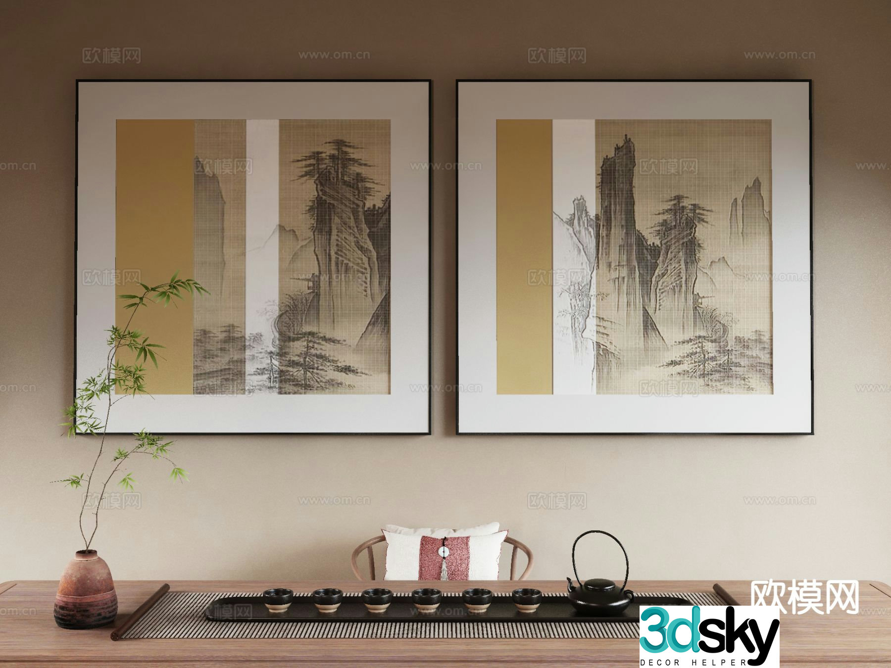 New Chinese style decorative painting Zen hanging painting tea set 3D model