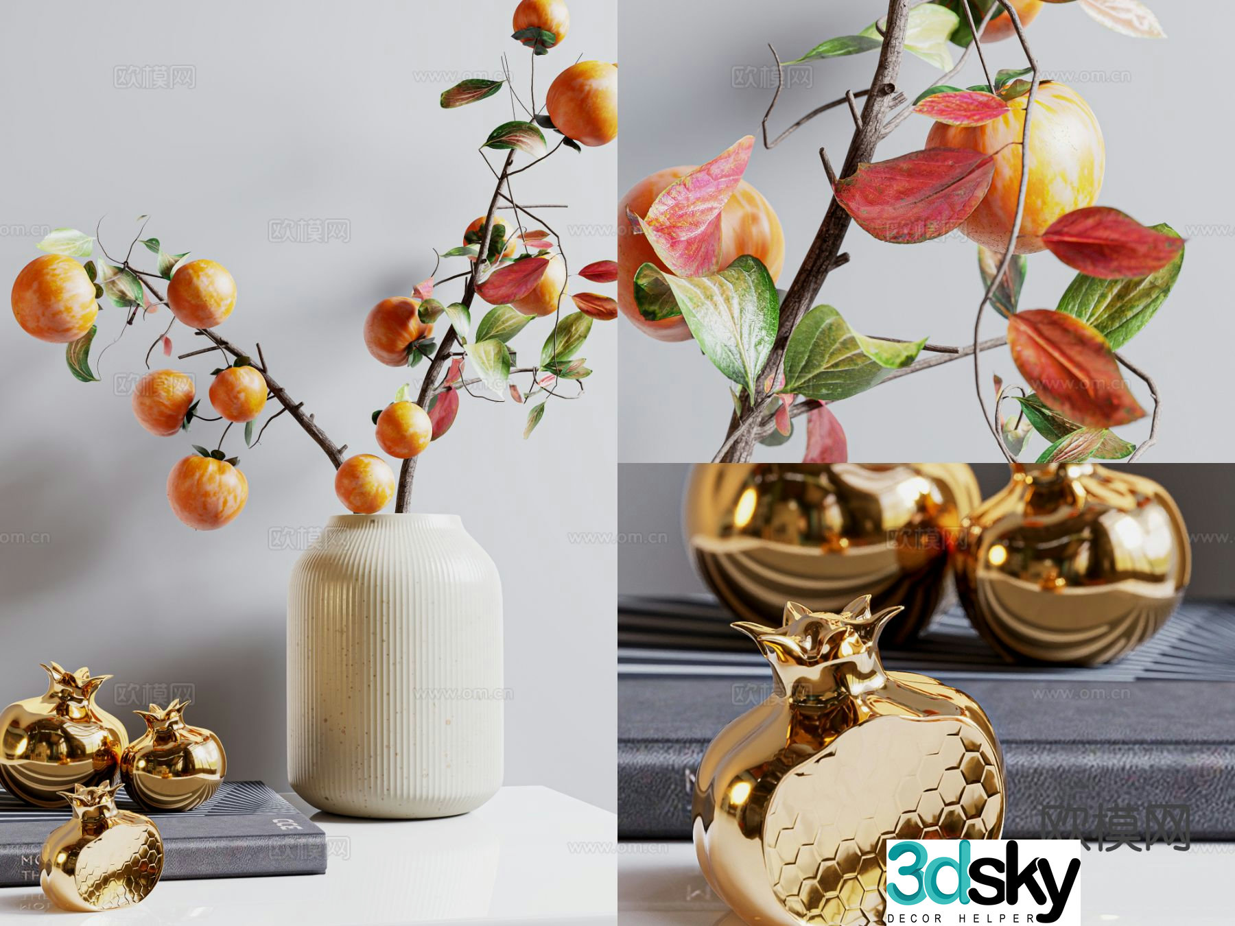 wabi-sabi vase persimmon vase floral 3d model