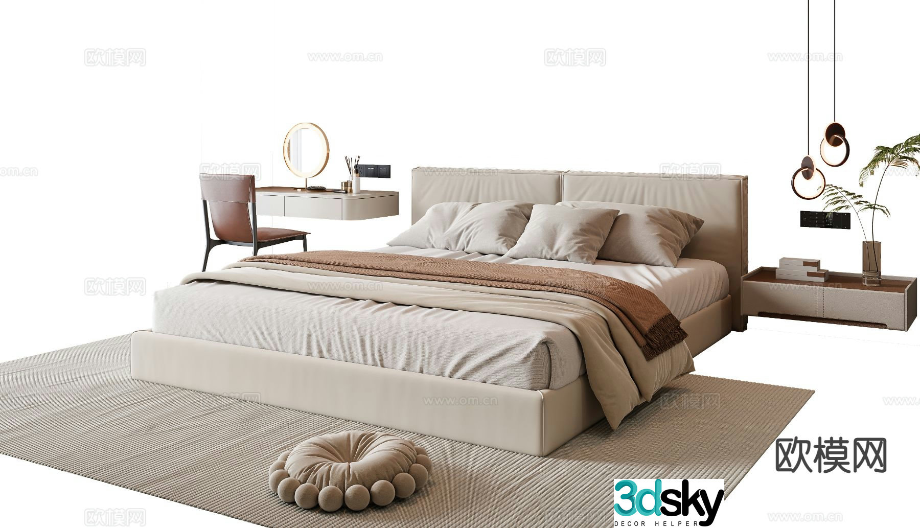 Cream style double bed 3d model
