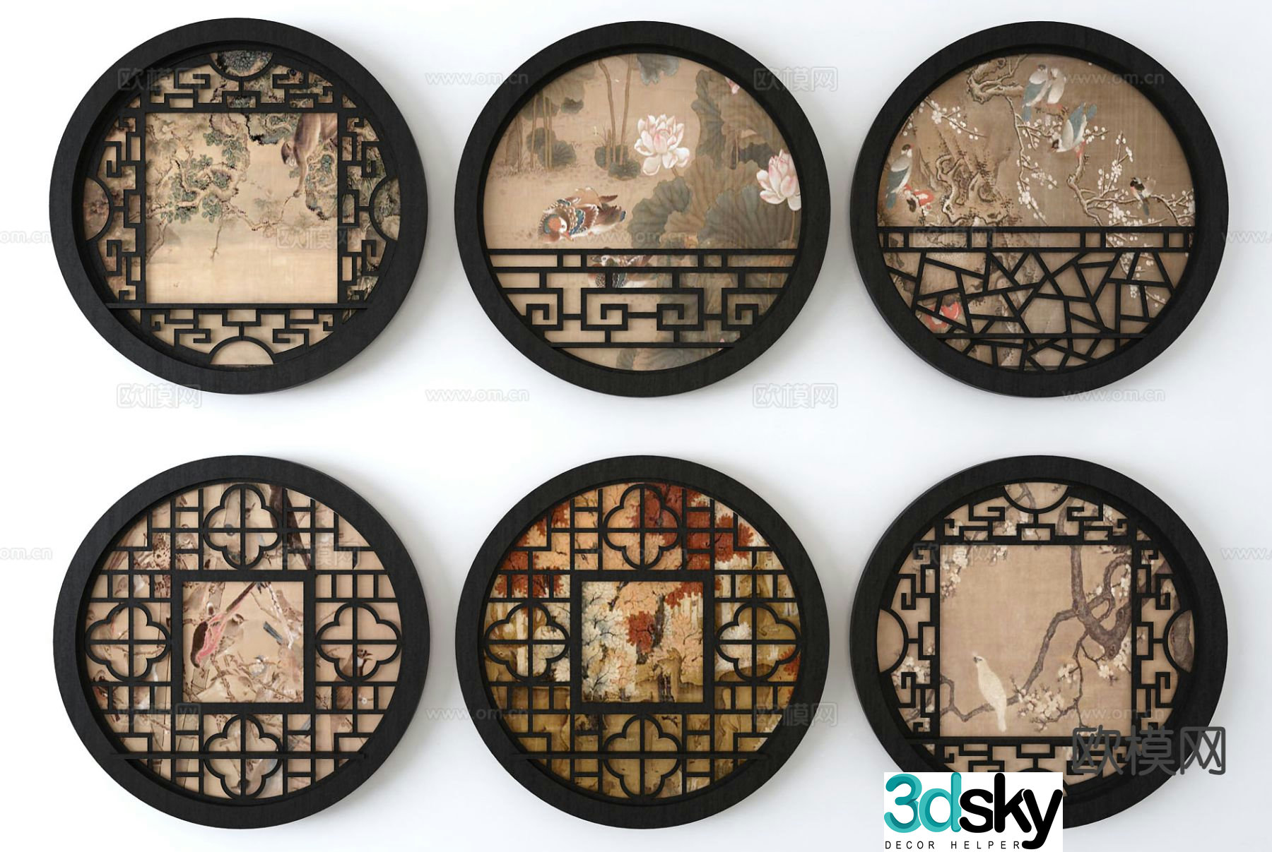 New Chinese style hanging painting round hanging painting window grille 3D model