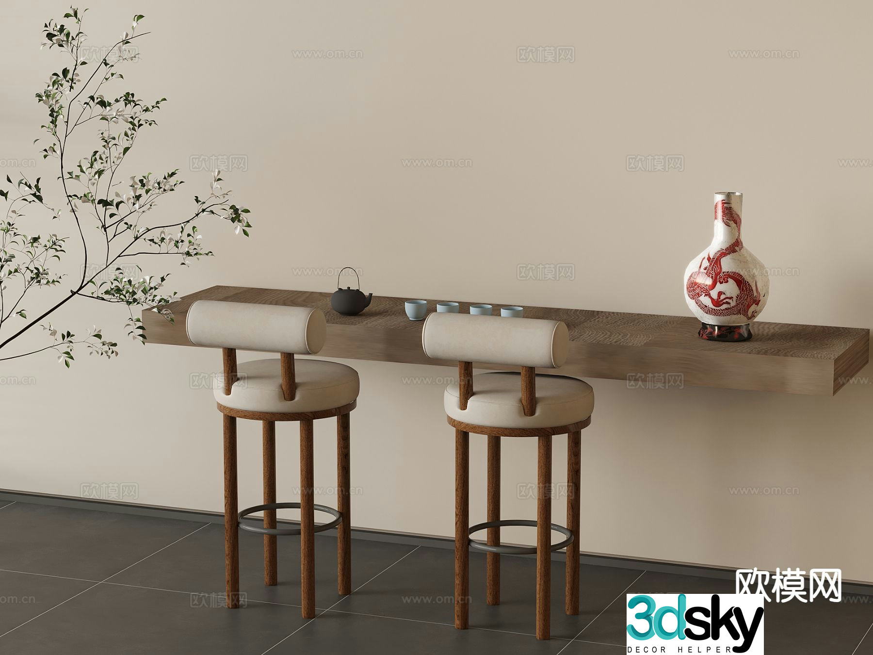 Medieval style solid wood bar stool 3D model