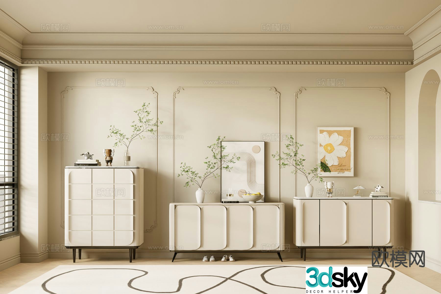 Cream style chest of drawers side cabinet 3d model