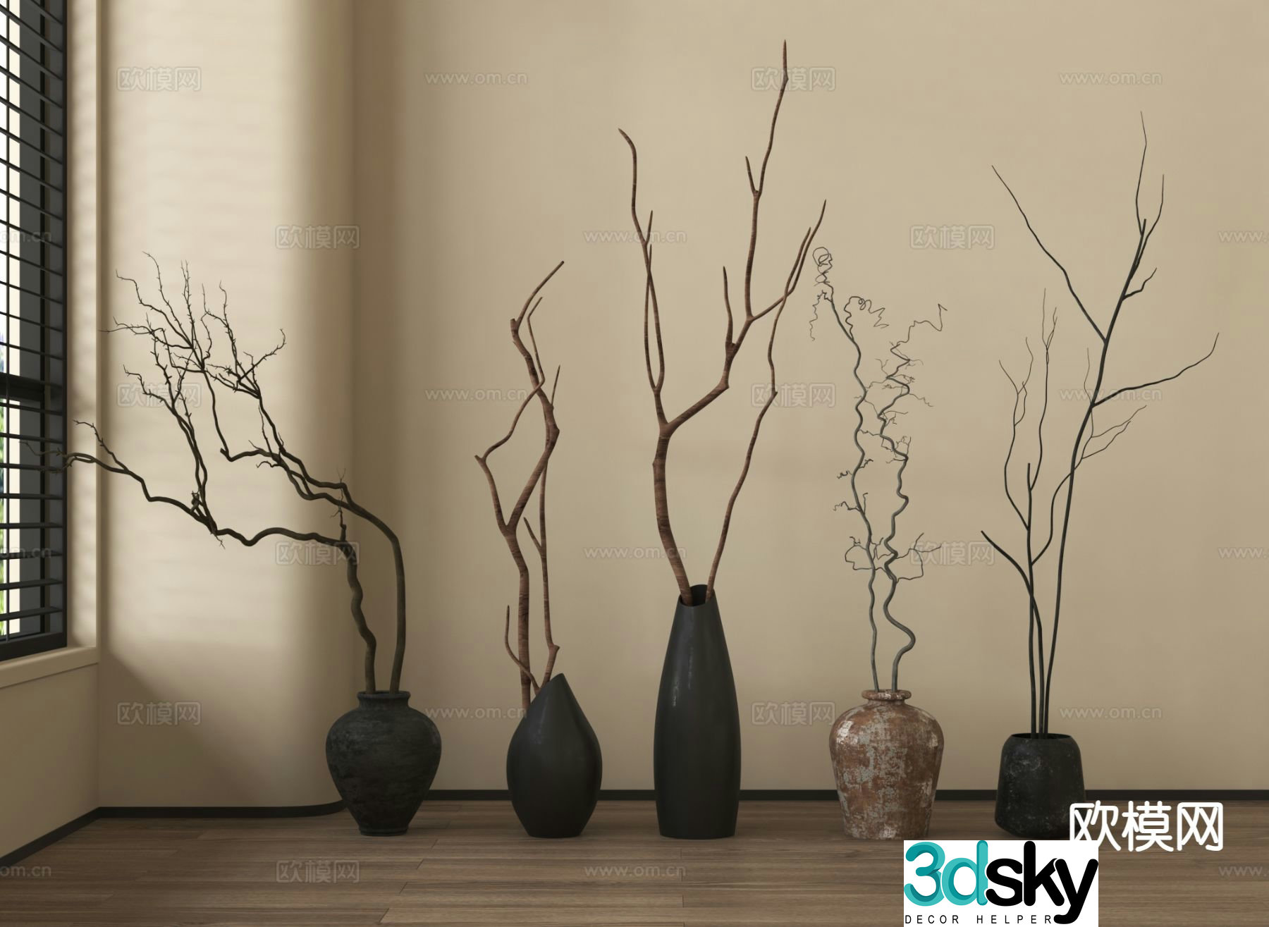 Wabi-sabi pottery vase floral arrangement dried branches 3d model