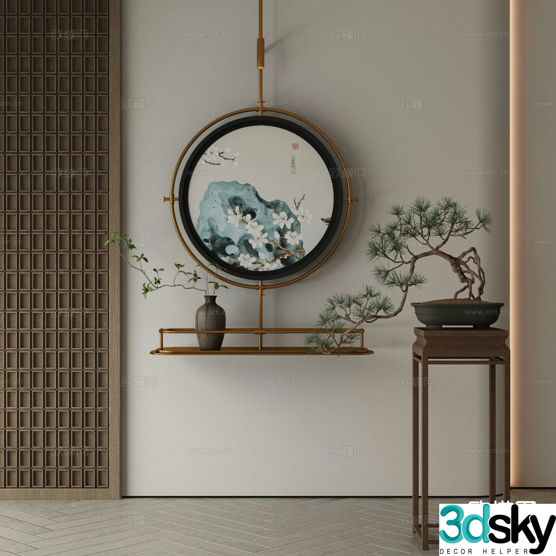 New Chinese style decorative painting metal pole hanging painting round hanging painting 3D model