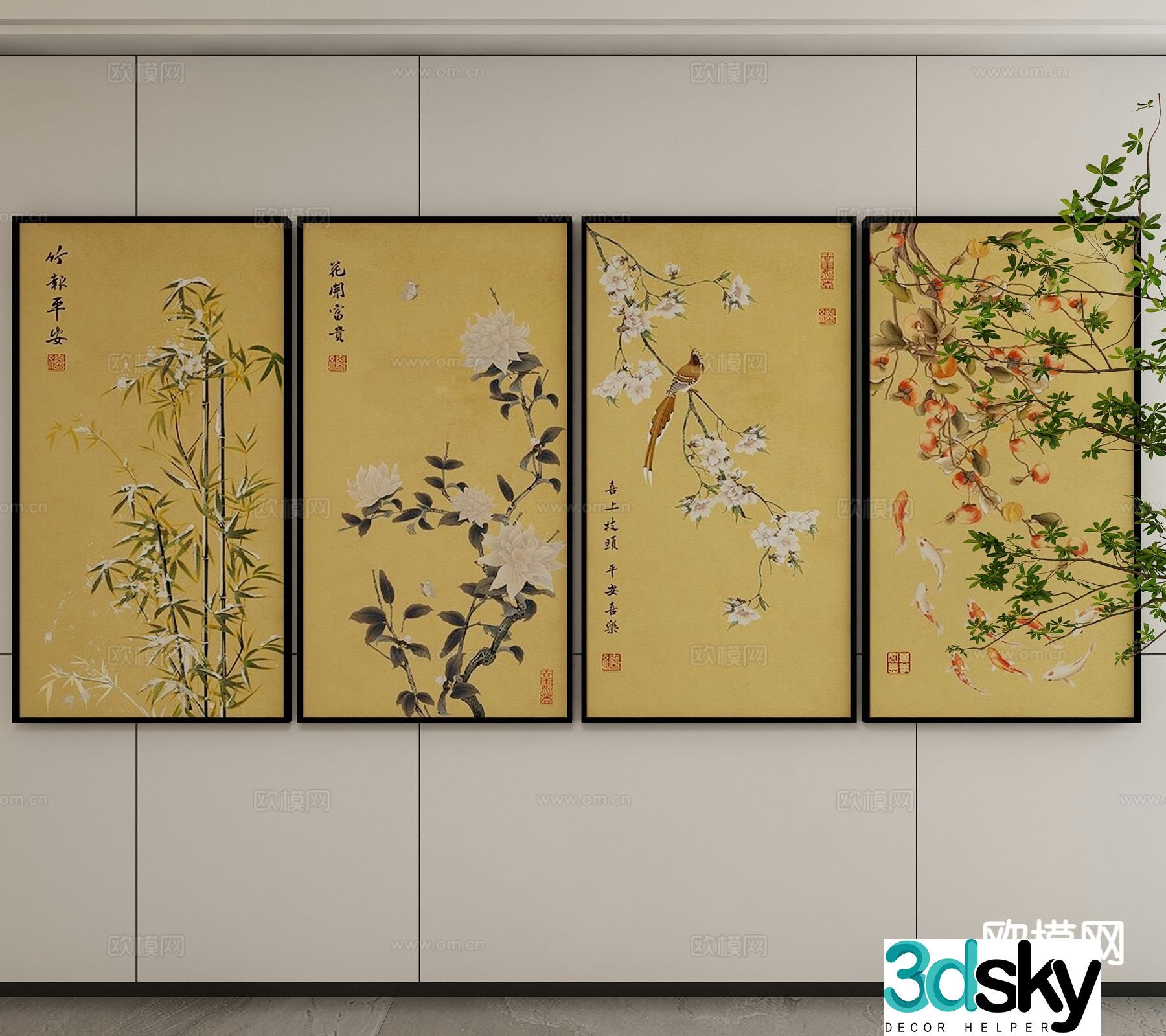 New Chinese style ink painting decorative painting 3D model