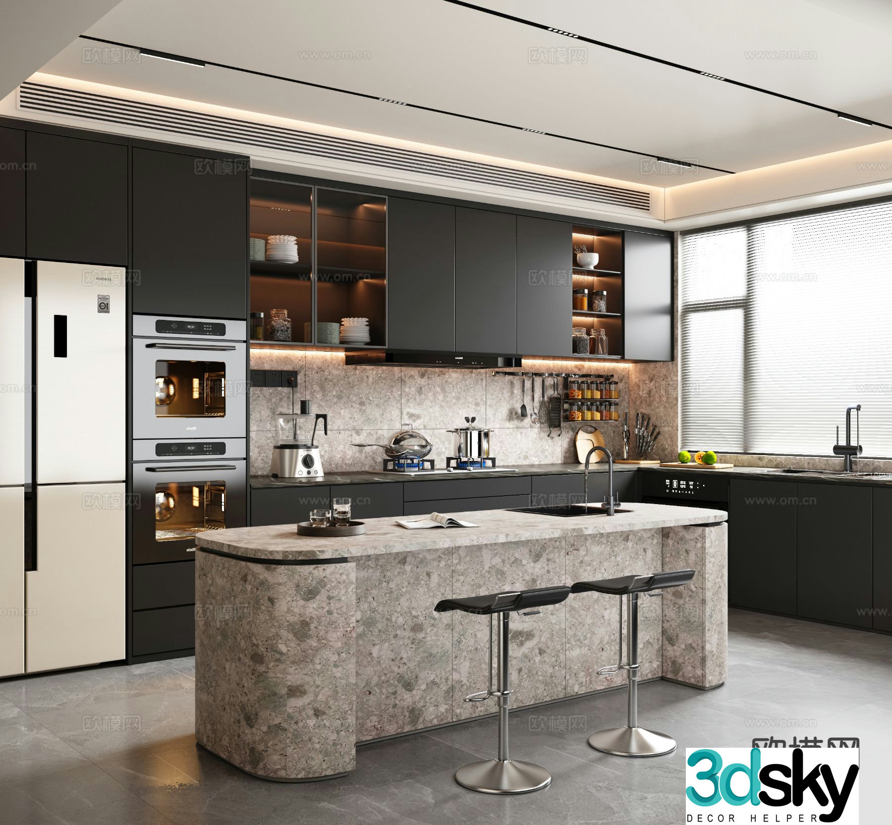 Dark style kitchen island kitchen 3d model