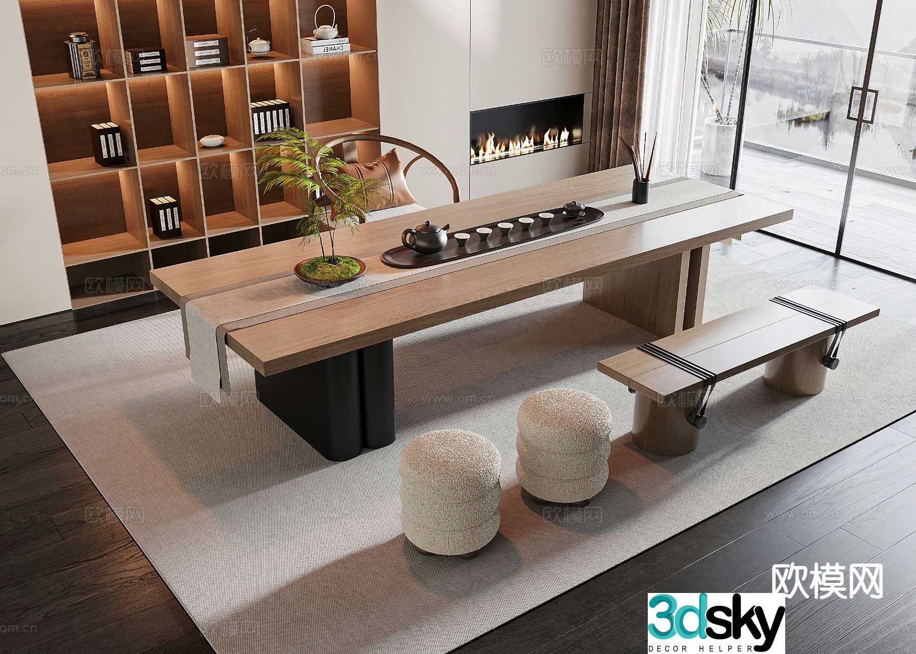 New Chinese tea table and chairs 3d model