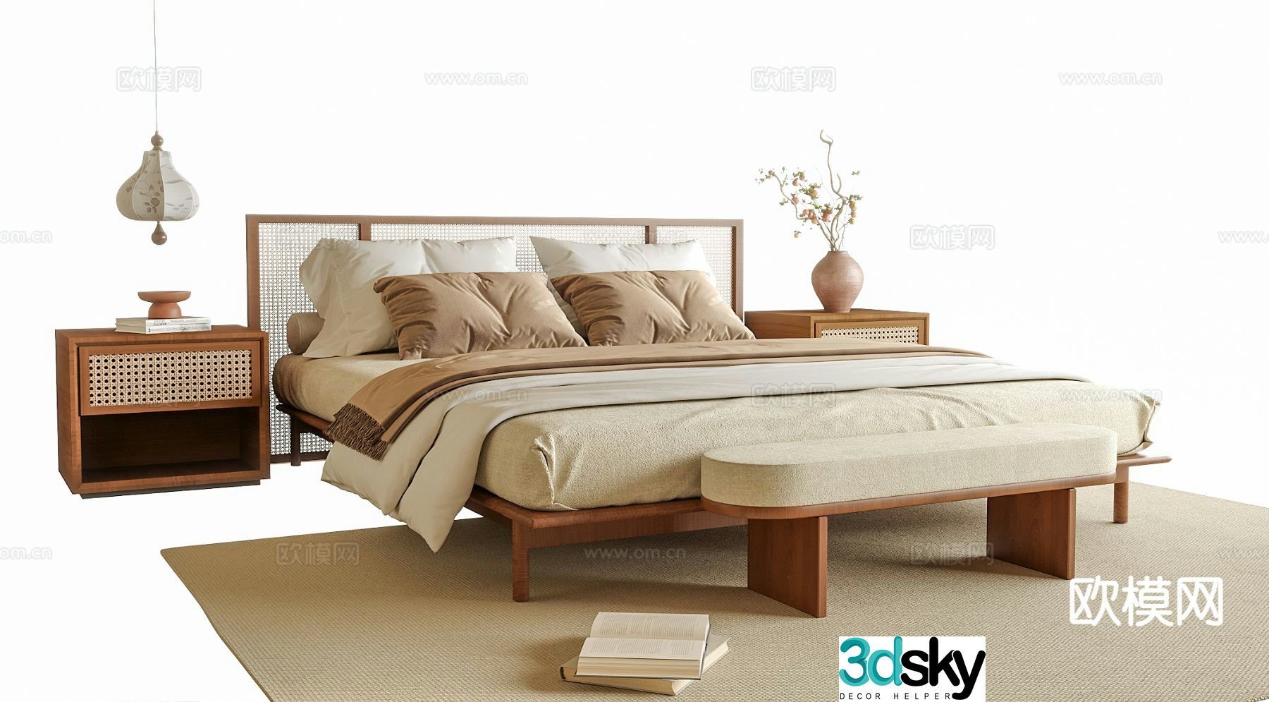 Wabi-sabi double bed bedside stool bedside table 3d model