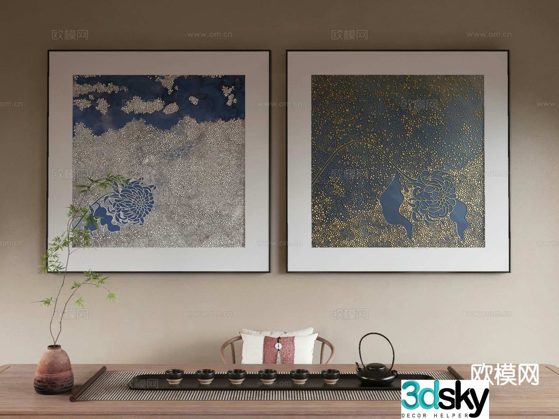 New Chinese style decorative painting combination painting tea set 3d model