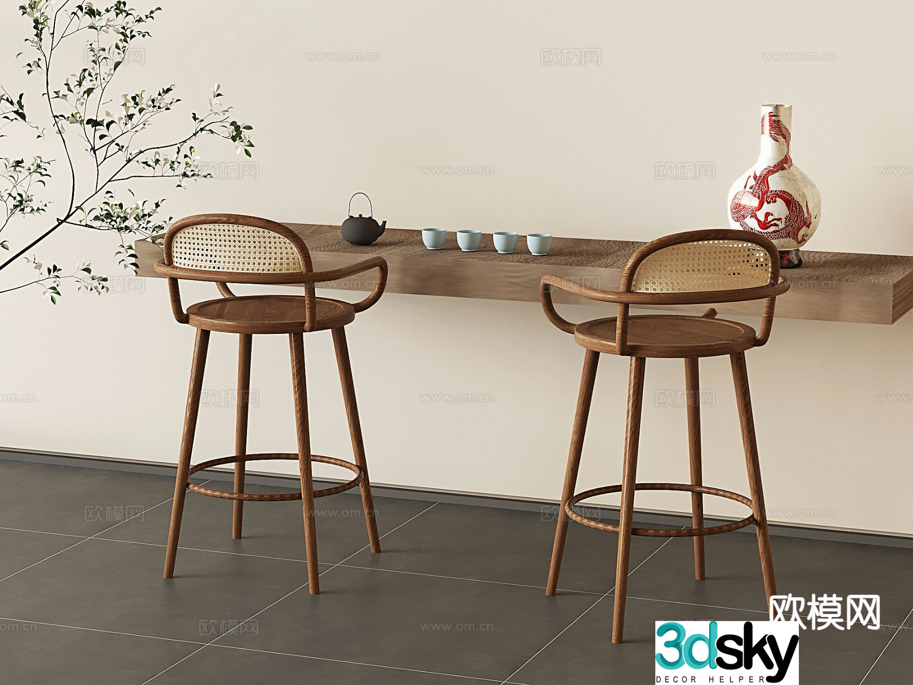 Medieval style rattan tea table and chairs 3D model