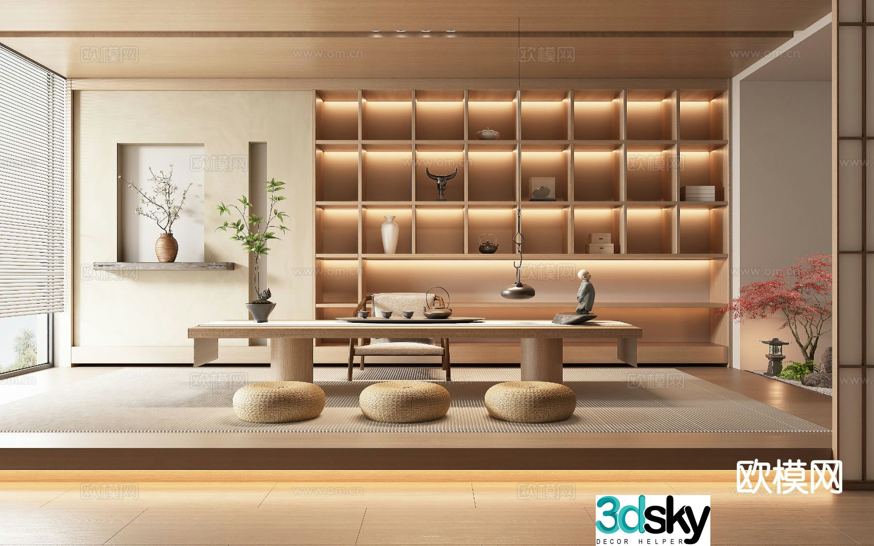 Modern tea room tatami tea table and chairs 3d model