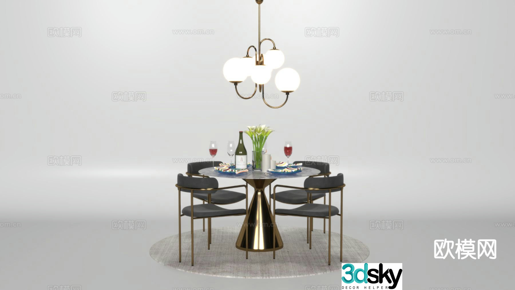 Light luxury round dining table and chairs 3D model