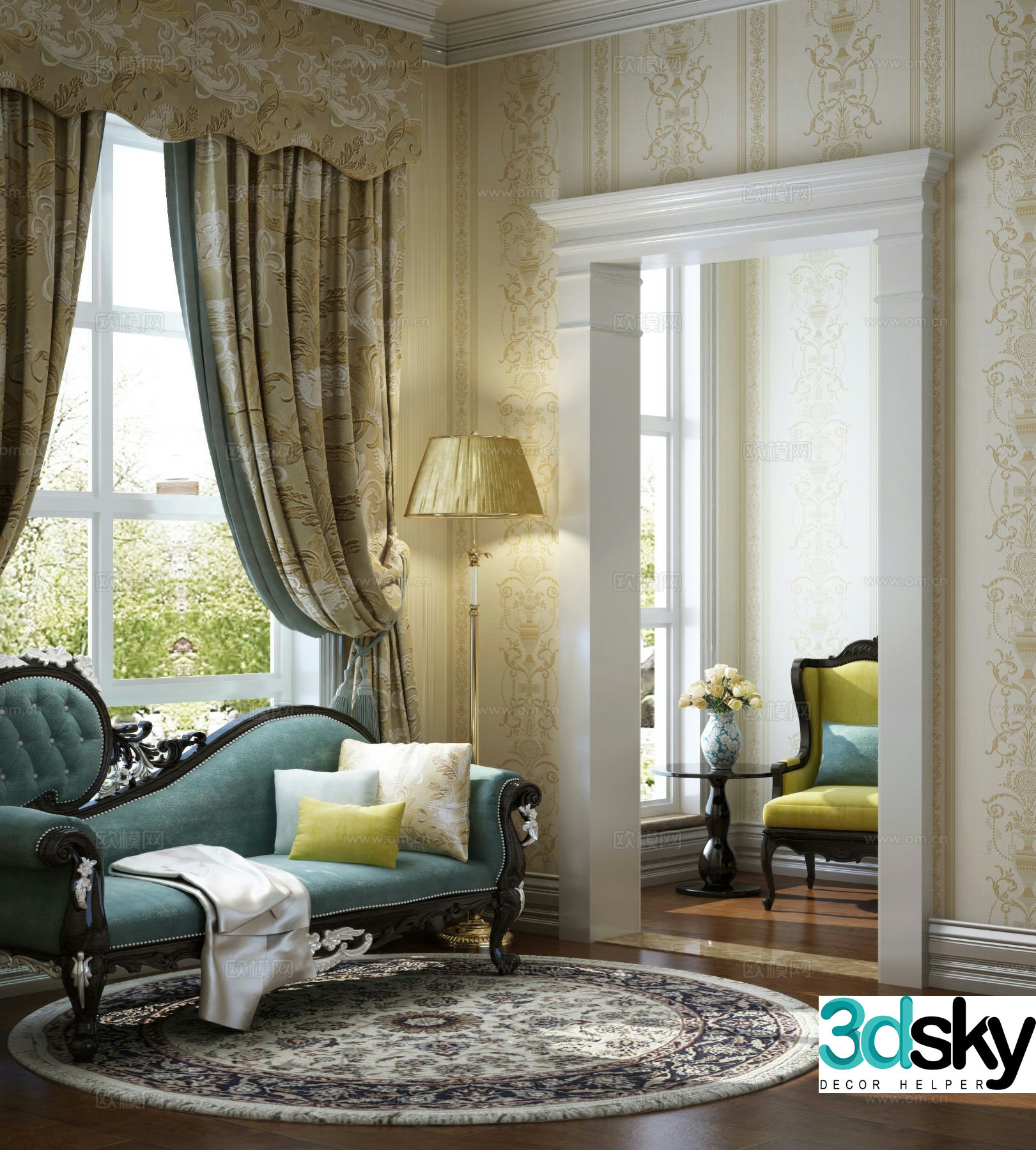 Neoclassical chaise lounge sofa armchair 3d model