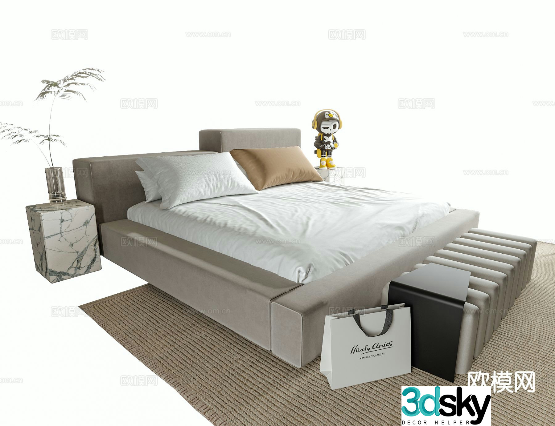 Modern double bed bedside stool bedding 3d model