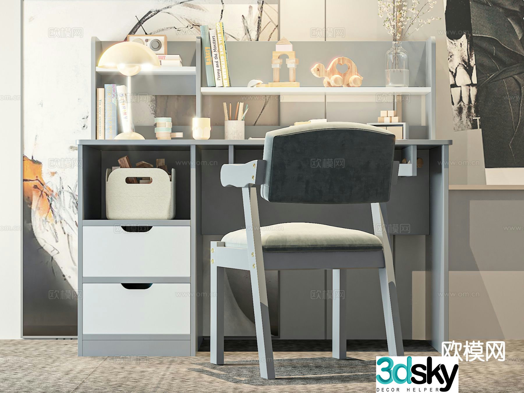 Modern writing desk children’s table and chair 3d model