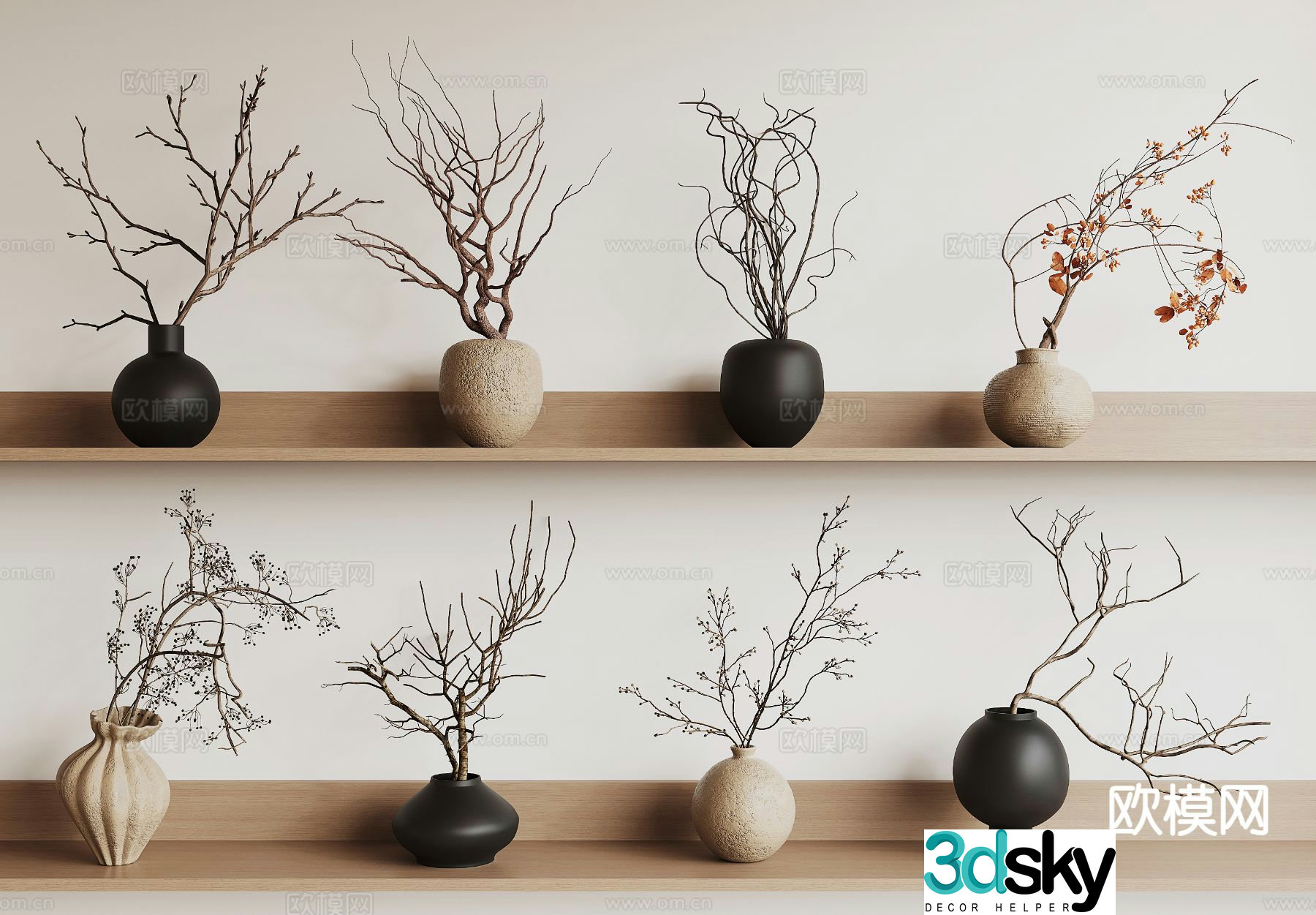 Wabi-sabi dry branch clay pot dead branch vase 3D model