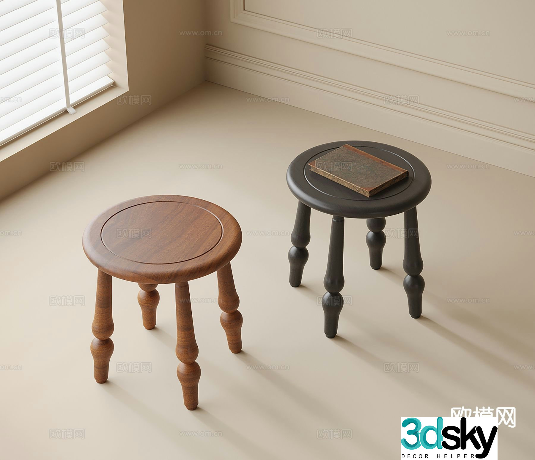 Modern round wooden stool stool 3d model