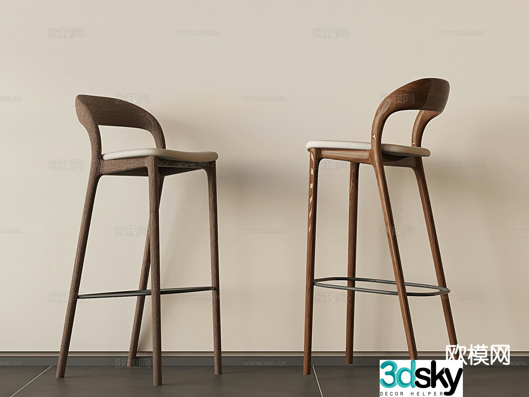 Medieval style solid wood bar stool high stool bar chair 3D model