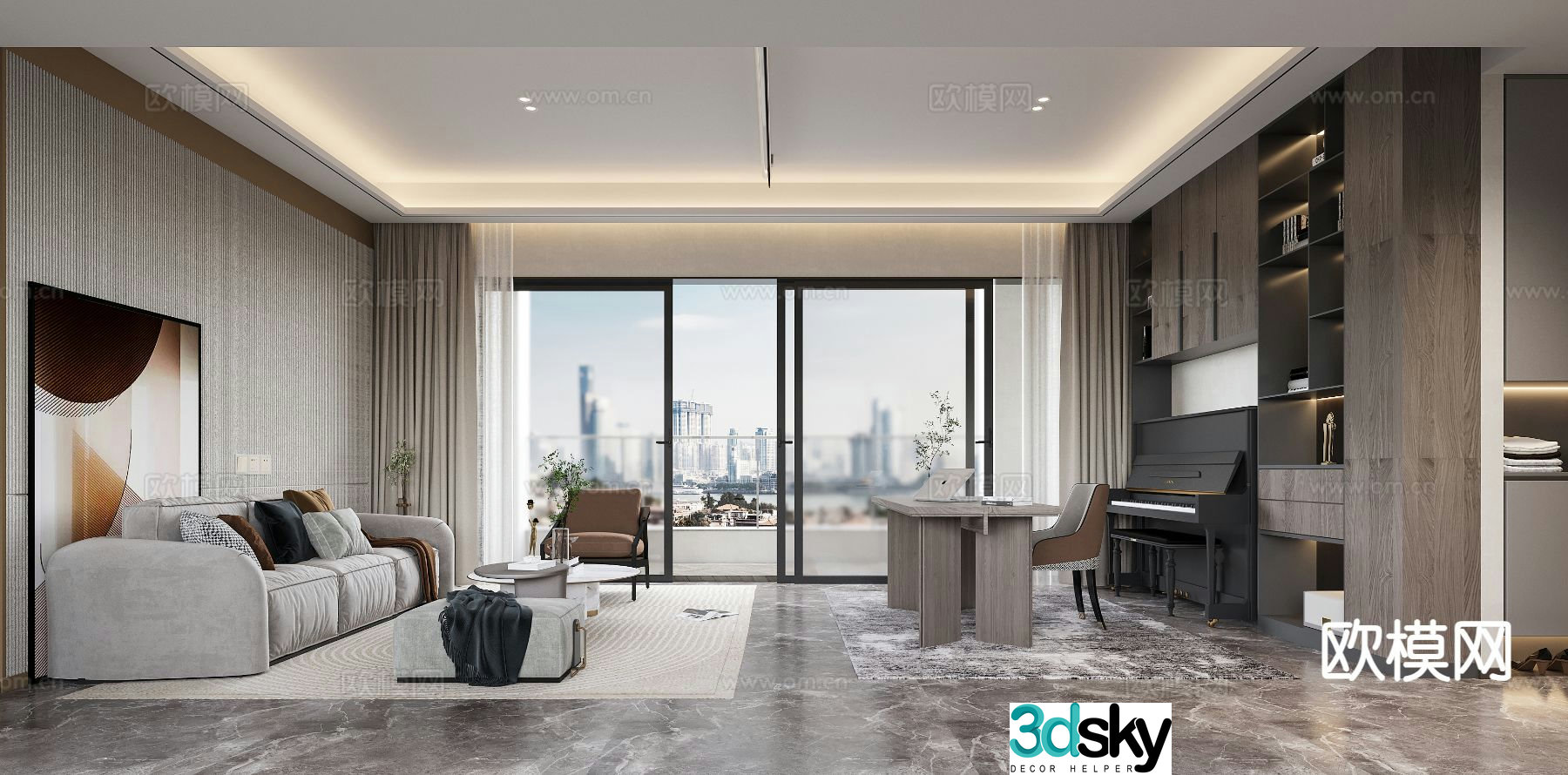 Modern living room and dining room horizontal hall 3D model