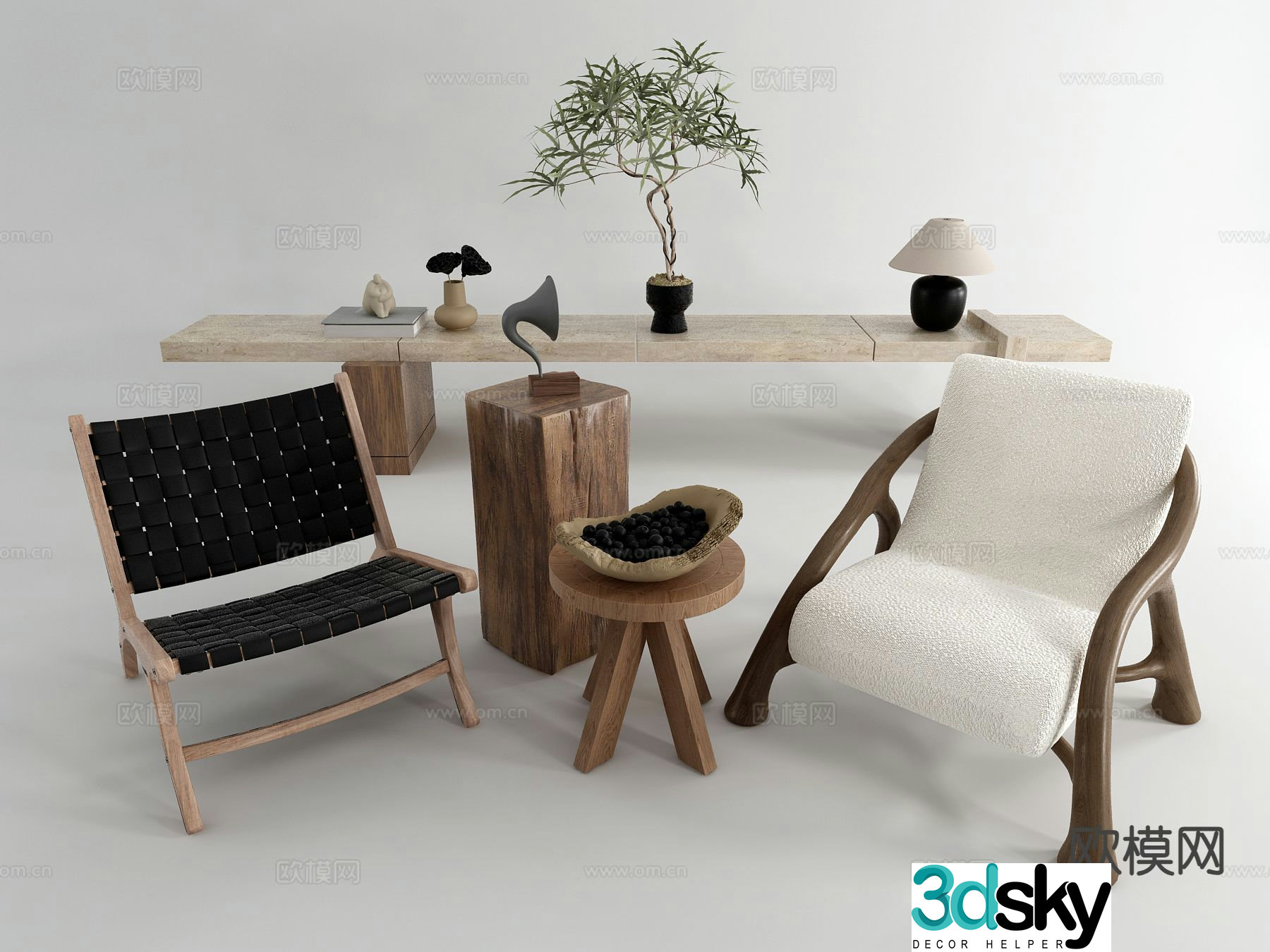 Wabi-sabi style leisure table and chairs 3d model