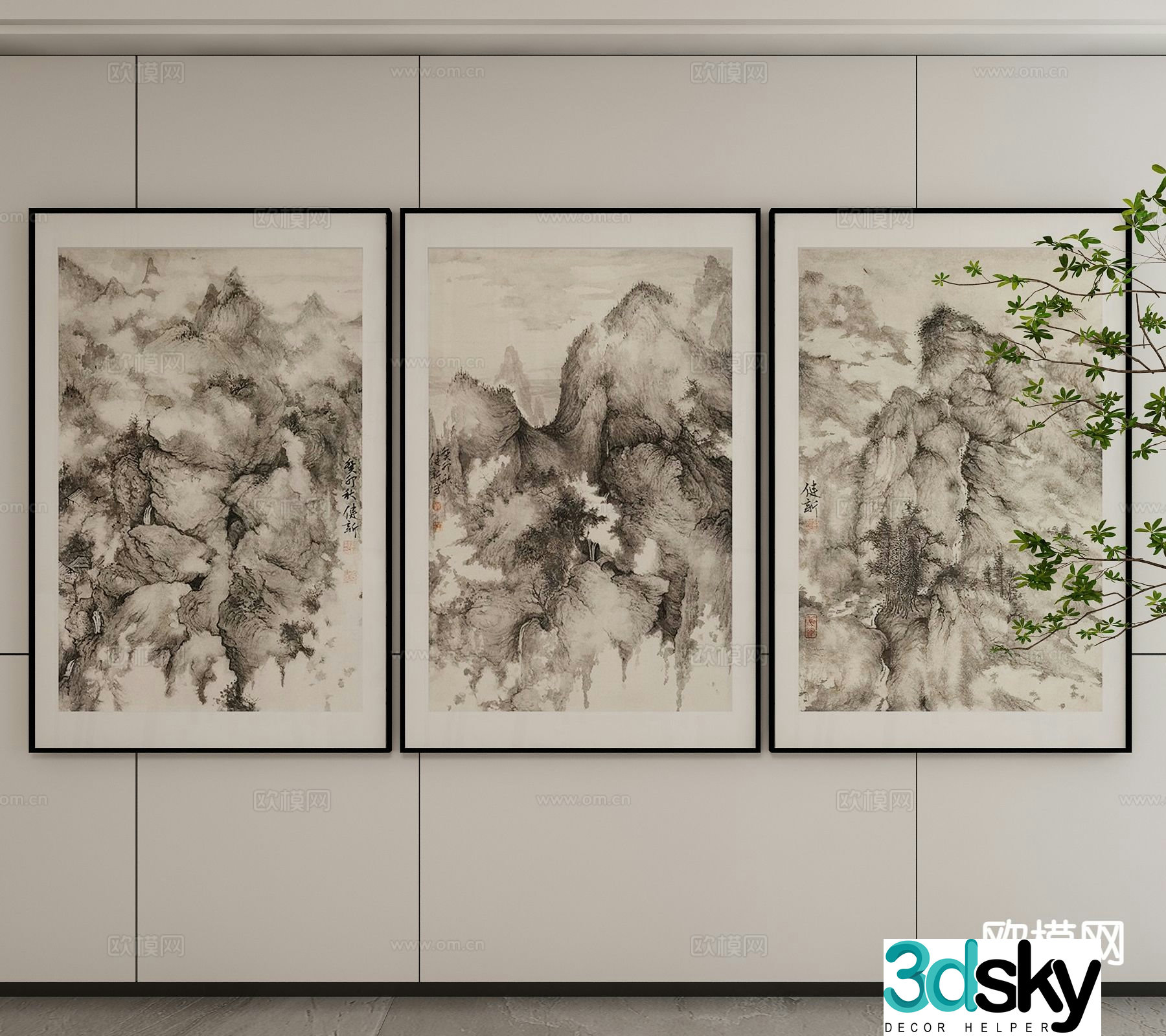 New Chinese style ink painting decorative painting 3D model