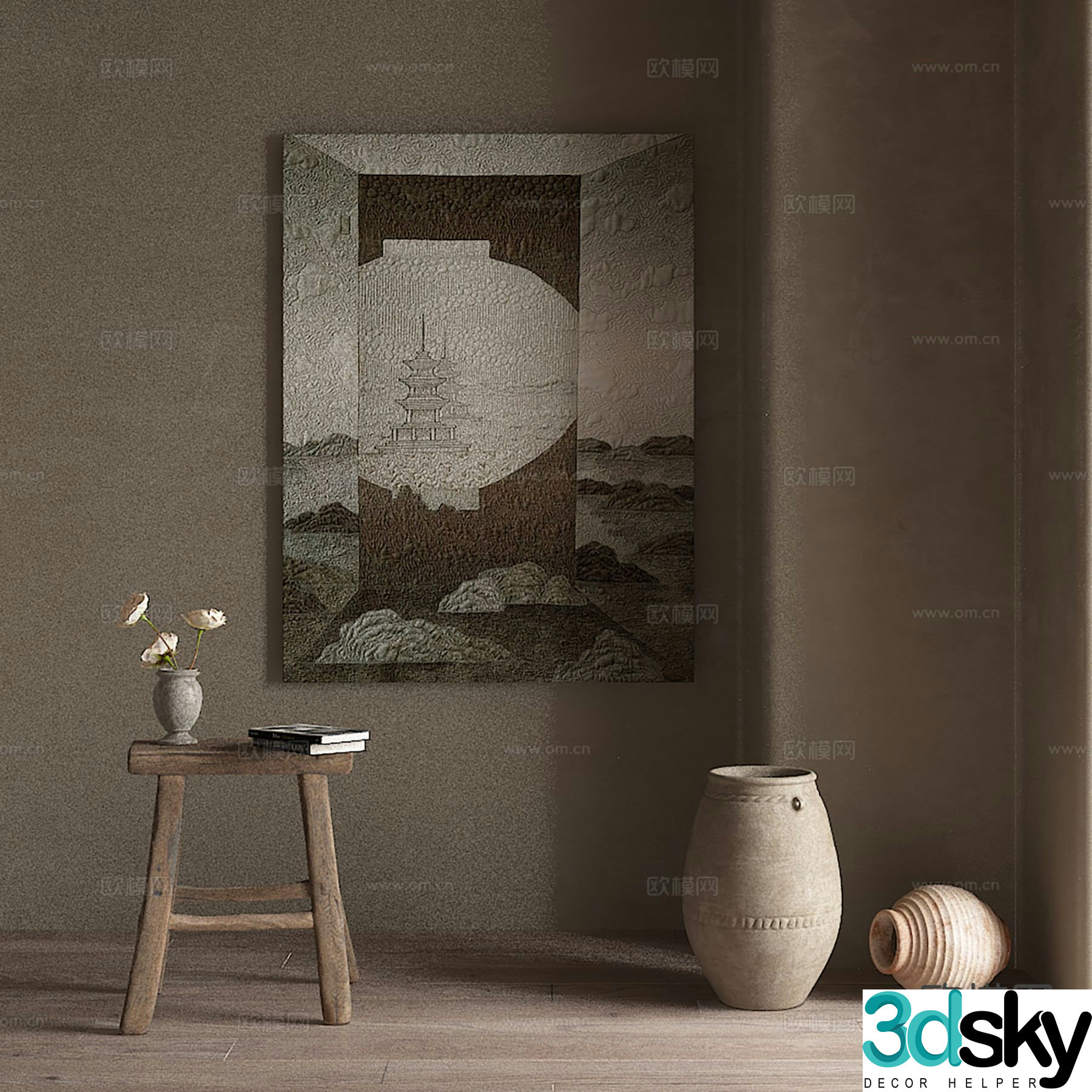 New Chinese style decorative painting Zen hanging painting clay pot 3D model
