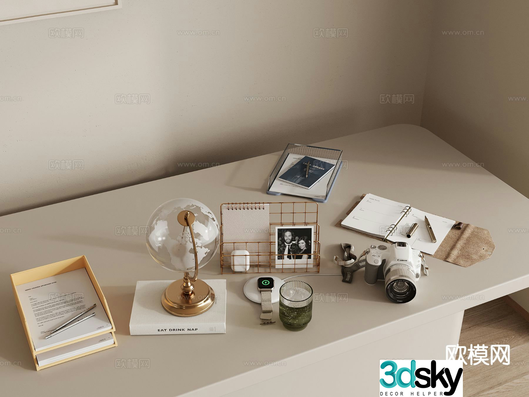 Modern office supplies folder camera globe watch 3d model