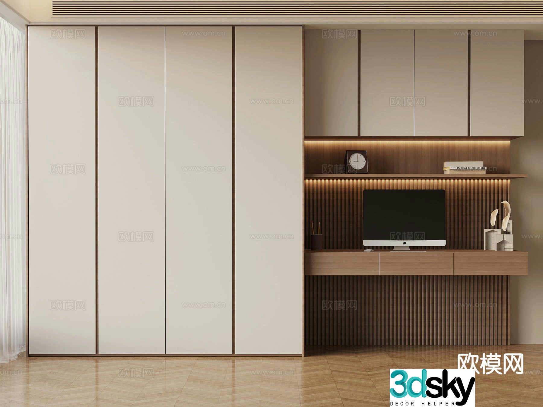 Modern minimalist wardrobe integrated desk 3D model