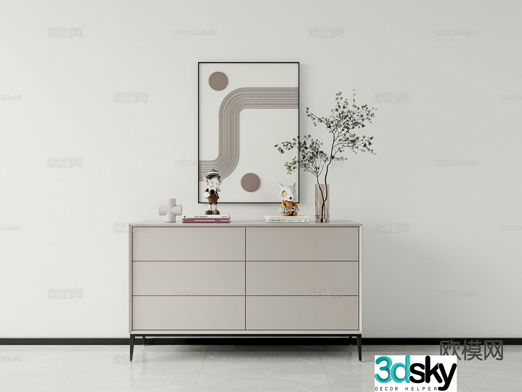 Modern legged beige lacquered wood side cabinet 3d model