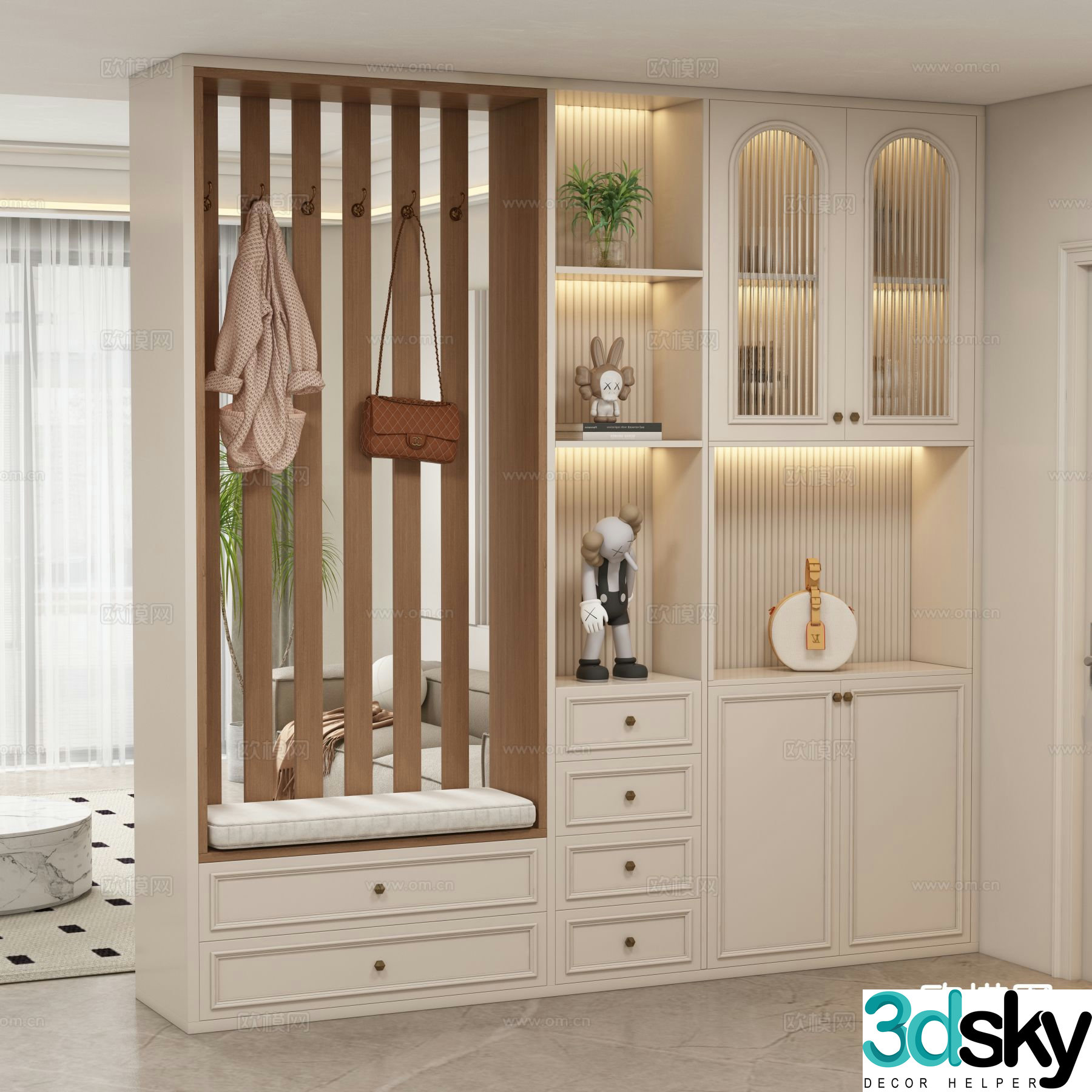 Cream style entrance shoe cabinet 3D model
