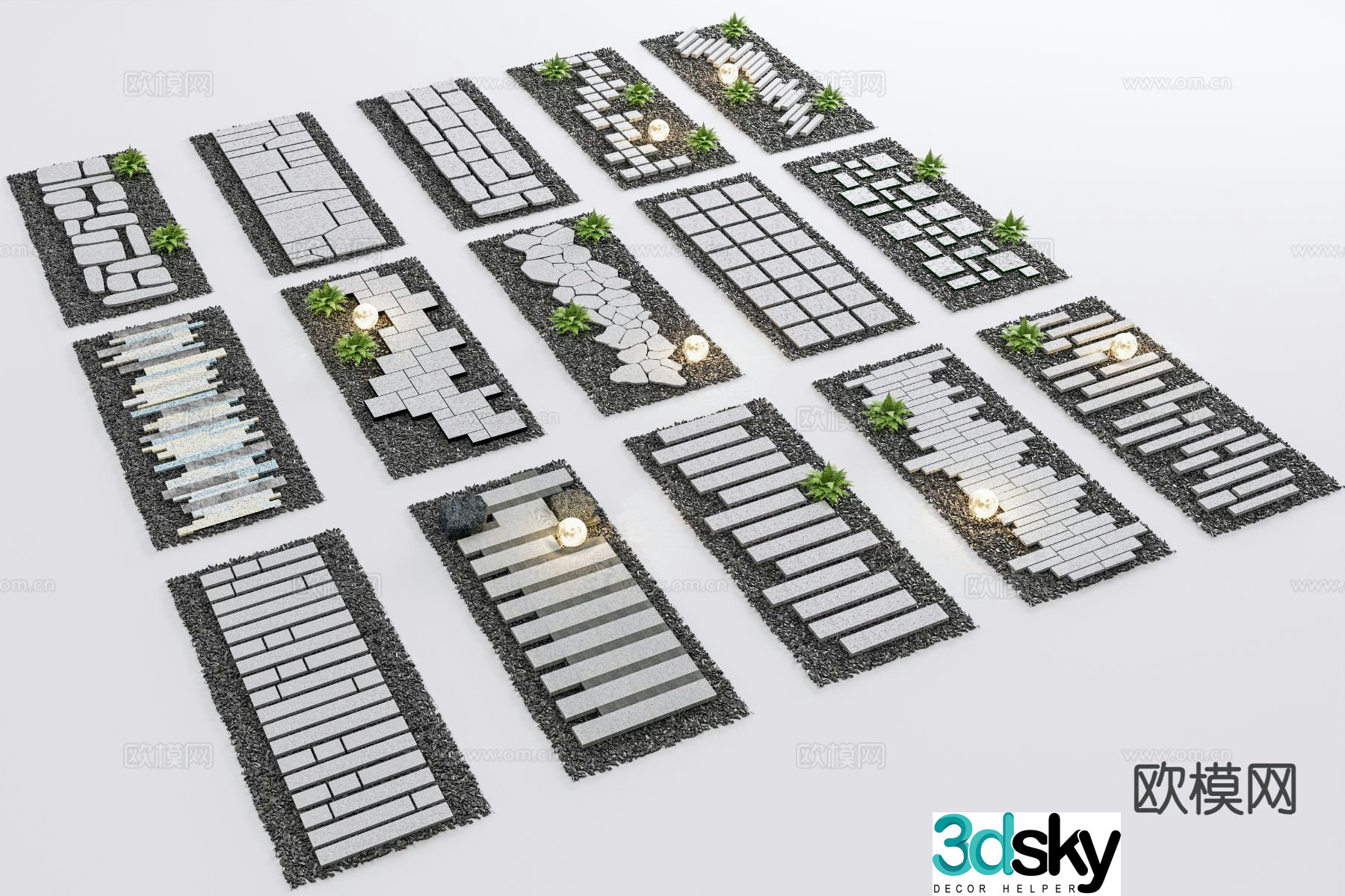 Chinese style Tingbu stone paving courtyard garden road sketch 3D model