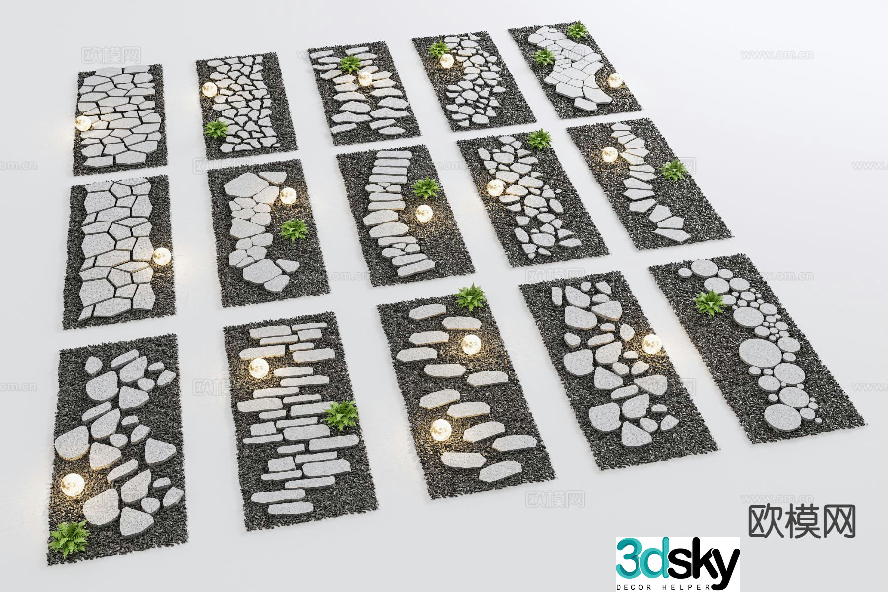 Chinese style Tingbu stone paving courtyard garden road sketch 3D model