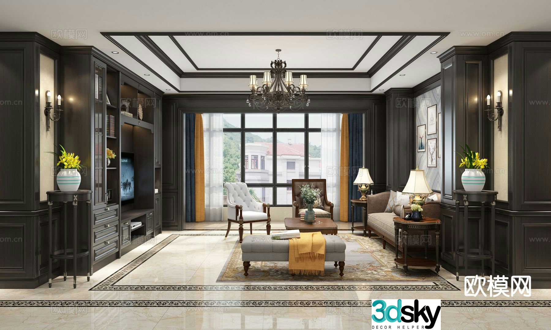 American living room kitchen 3d model