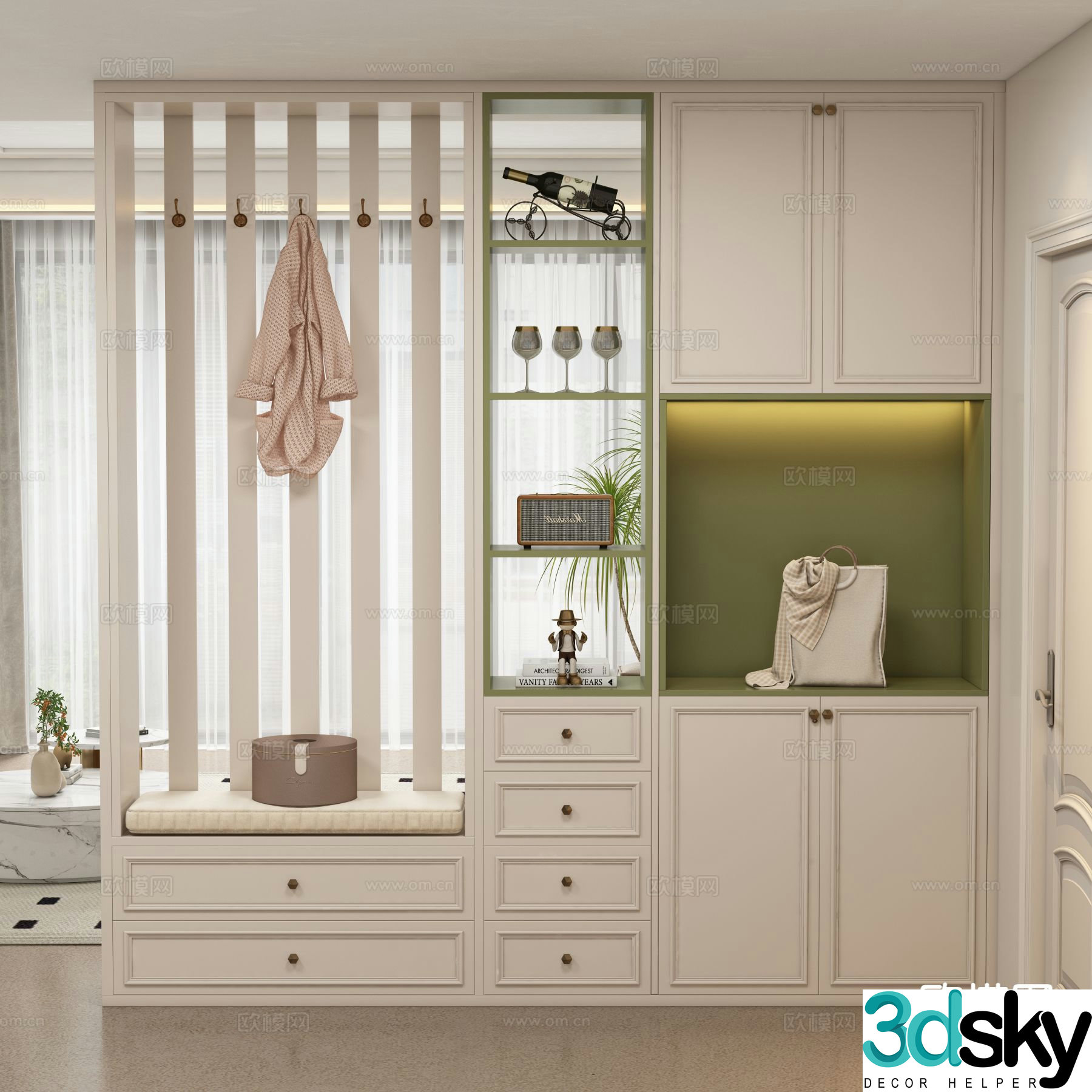 Cream style entrance shoe cabinet 3D model