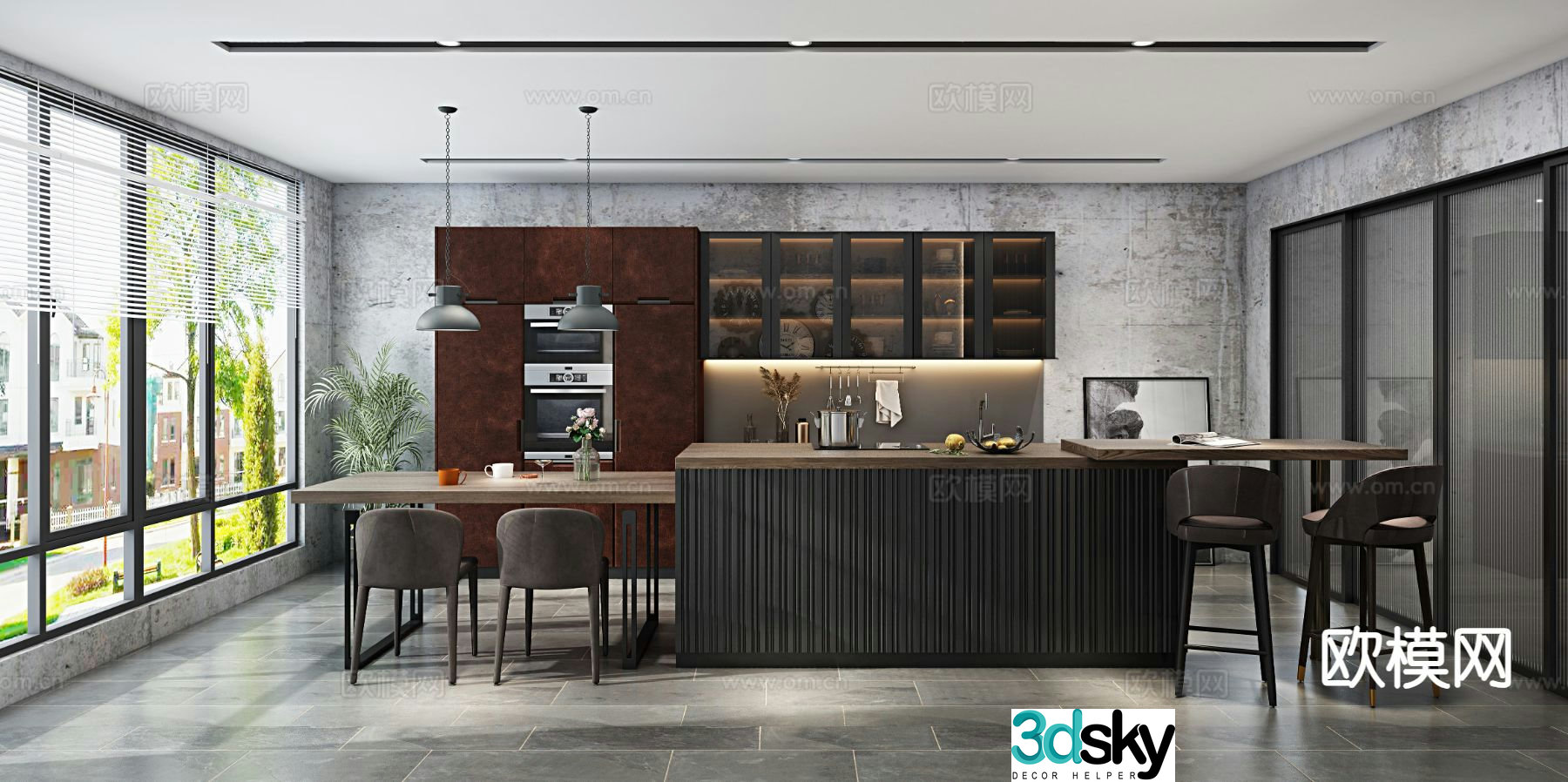 Industrial style island kitchen 3d model