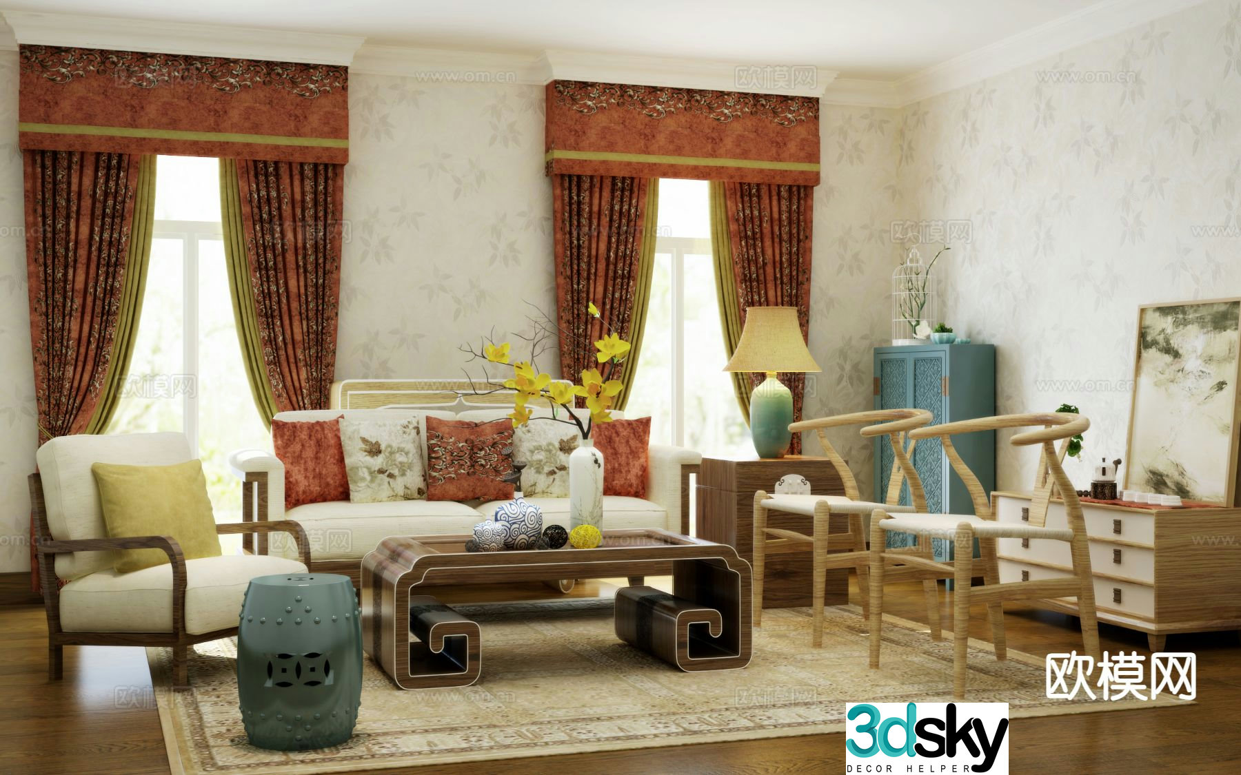 New Chinese style sofa modular sofa curtain soft furnishing 3d model