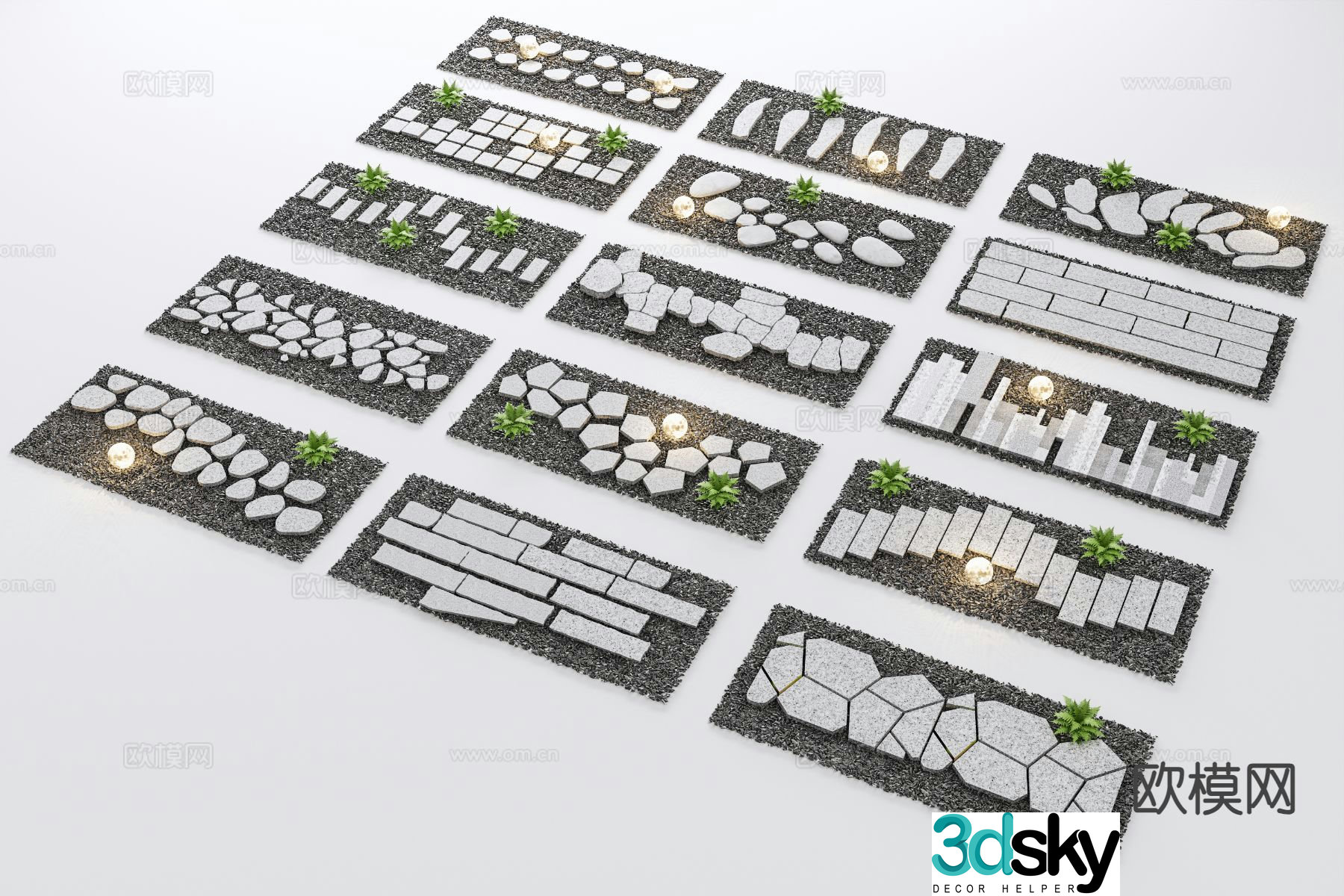 Chinese style Tingbu stone paving courtyard garden road sketch 3D model