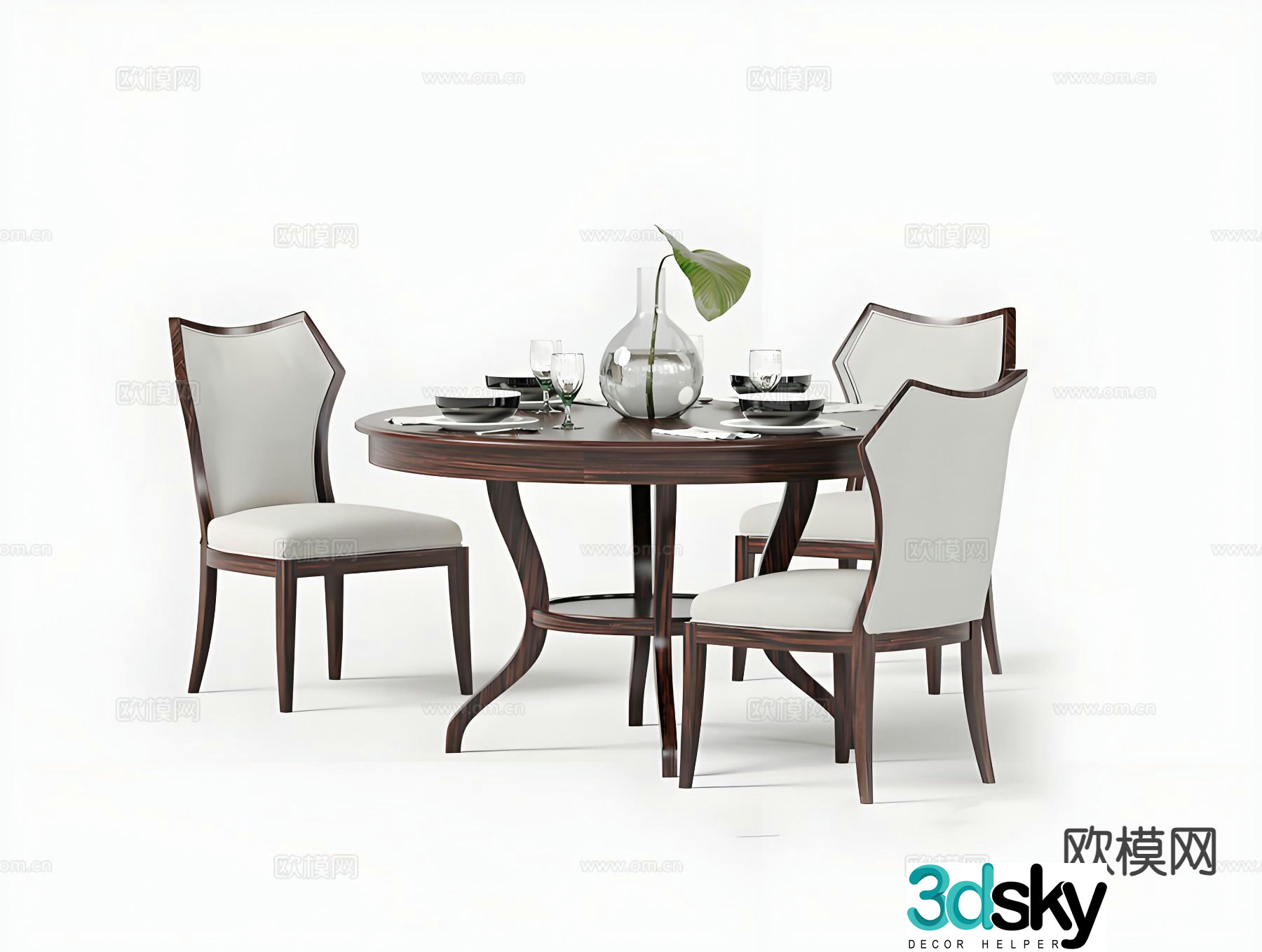 American round dining table and chairs 3d model