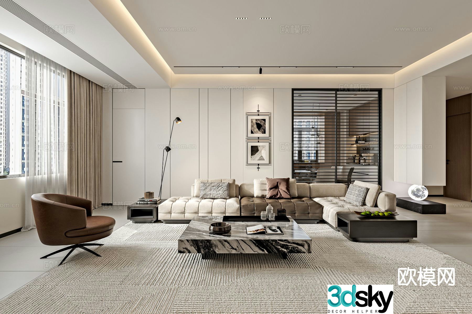 Modern living room and dining room without main light 3D model