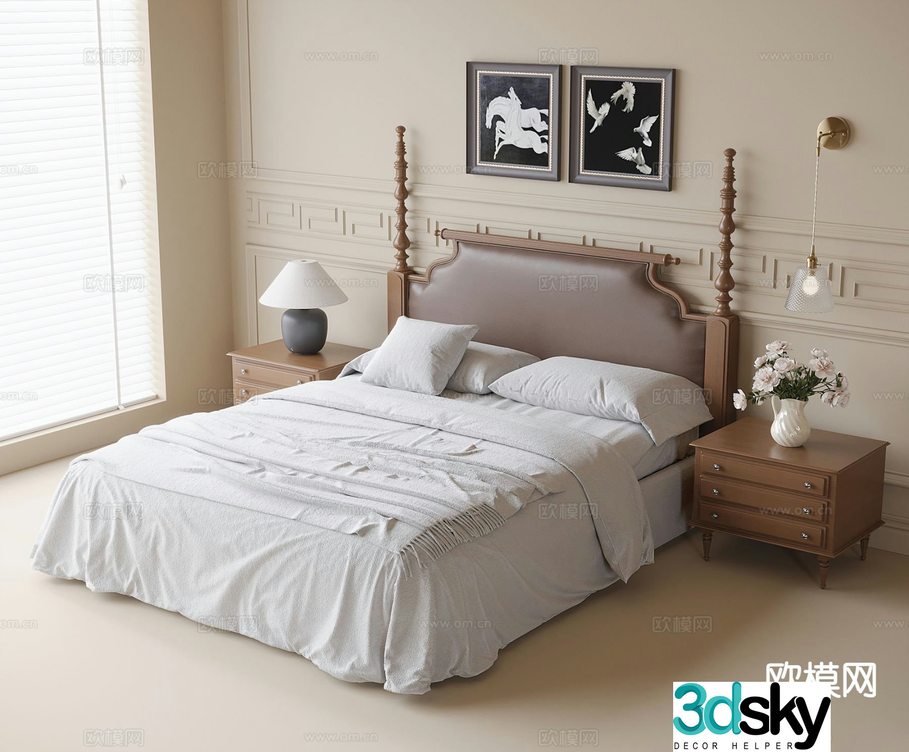 French double bed 3d model