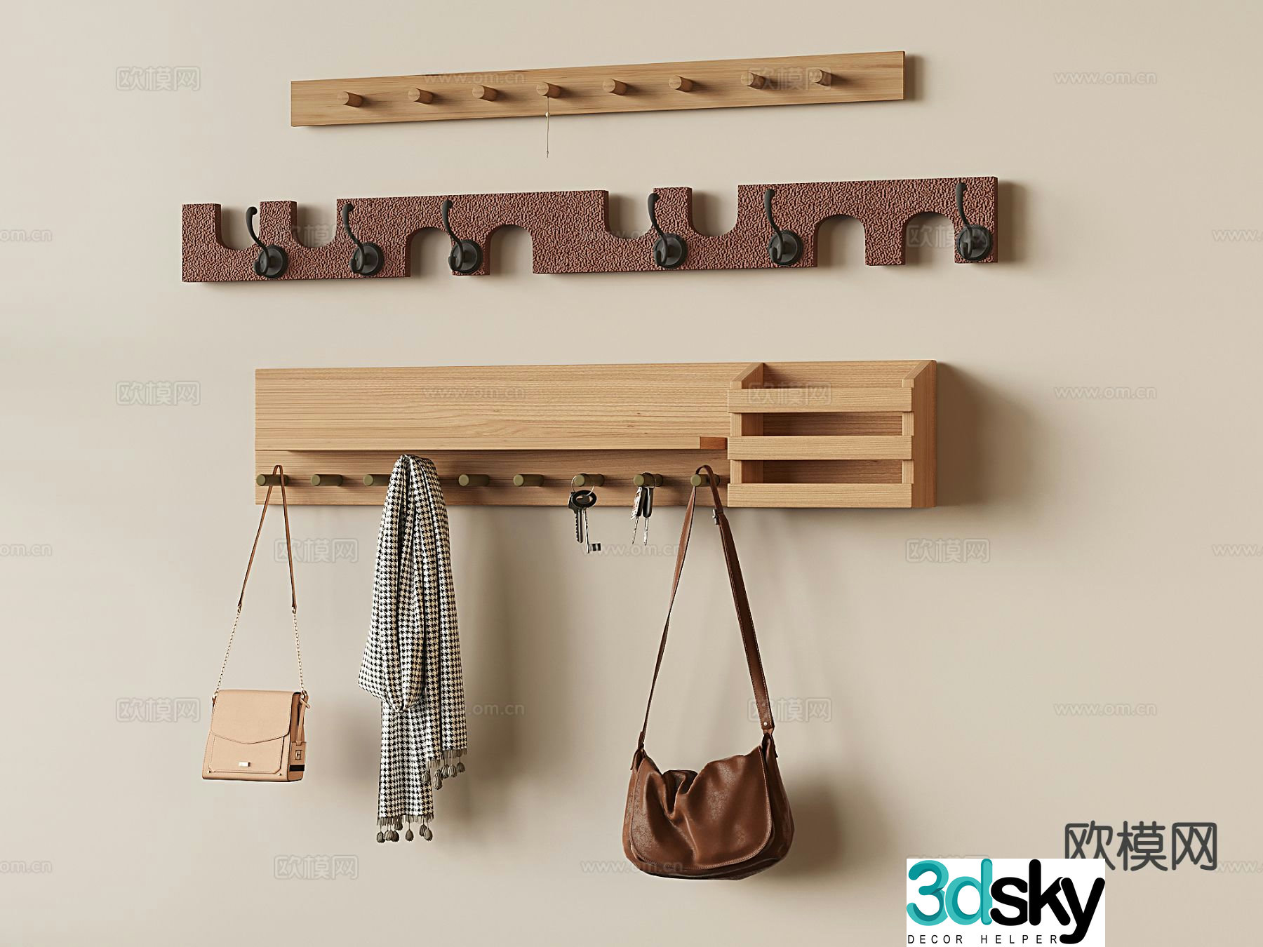 Medieval style solid wood clothes hook hook wall hanging 3d model