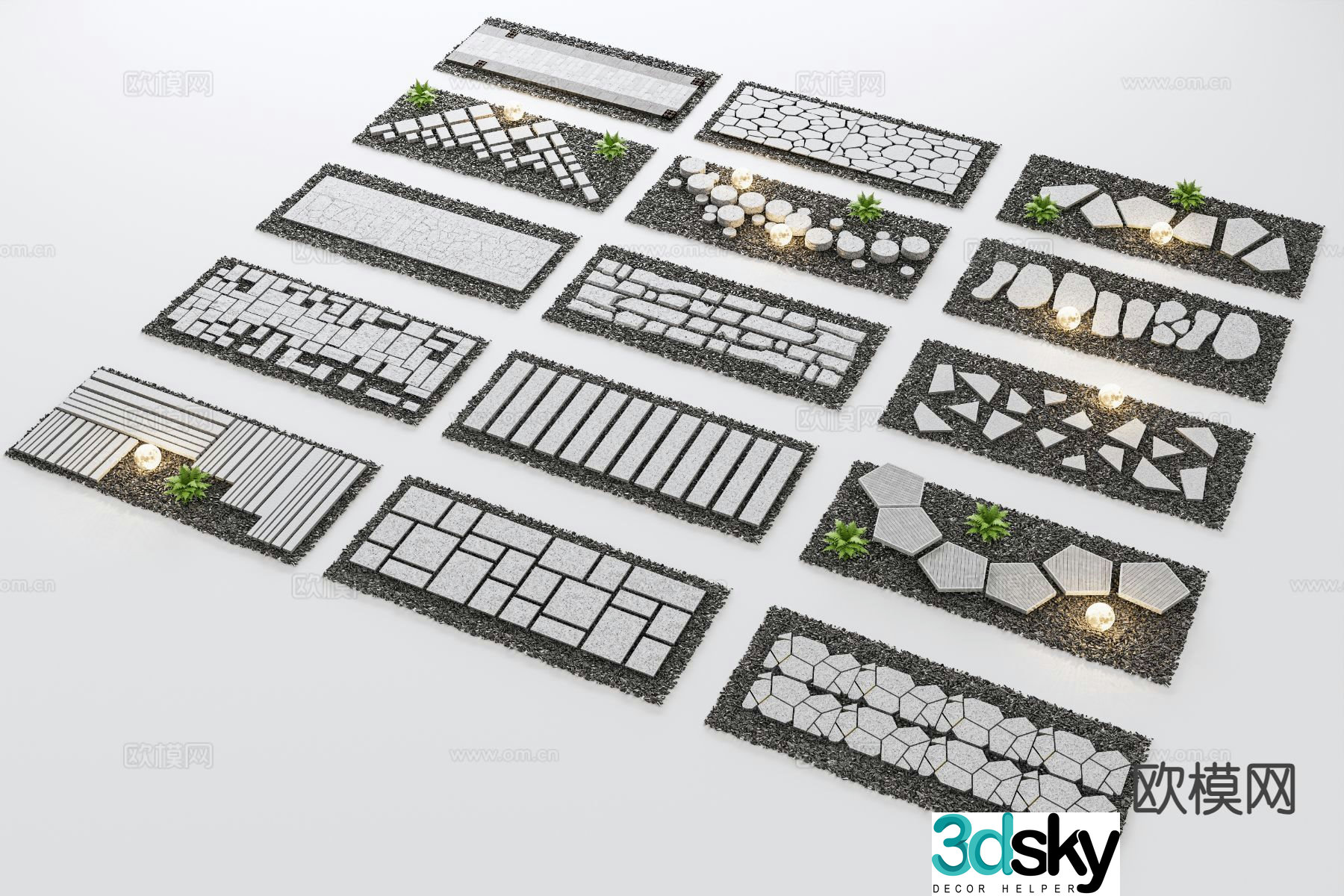 Chinese style Tingbu stone paving courtyard garden road sketch 3D model
