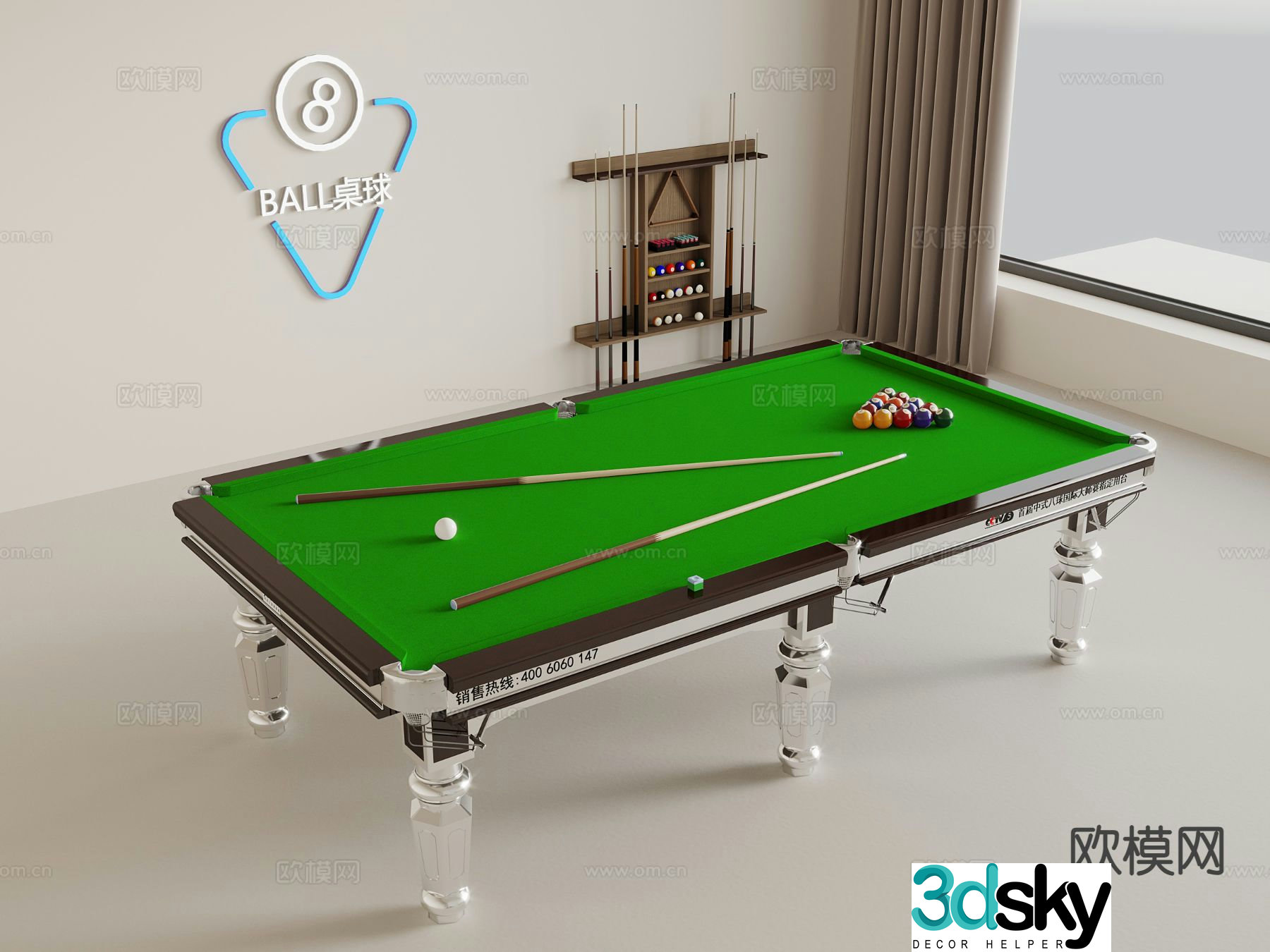 Pool table pool cue 3d model