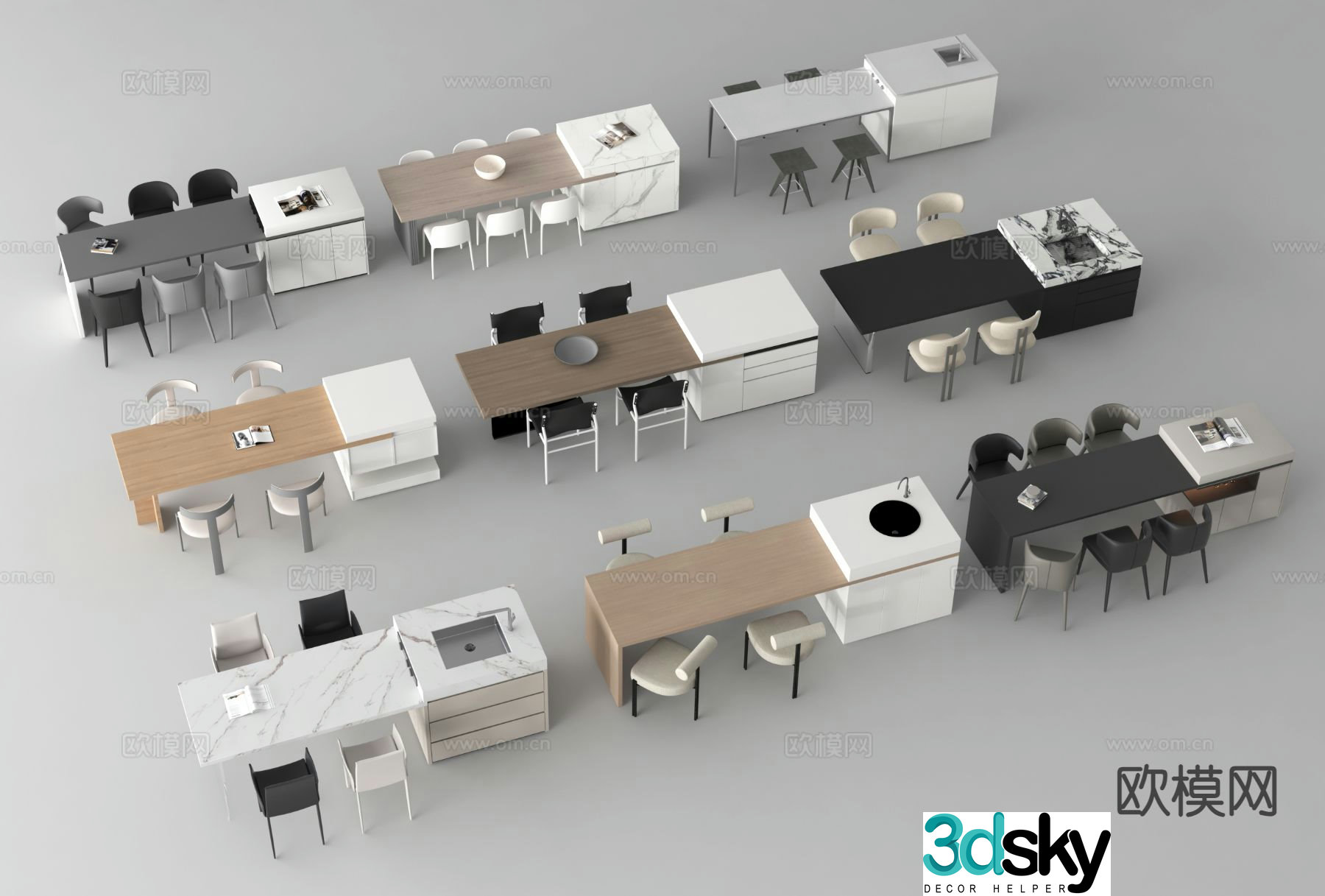 Modern island table dining table and chairs 3d model