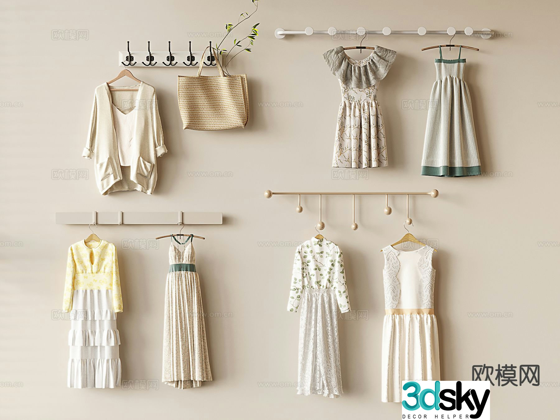Cream style coat hook wall hanging coat rack dress women’s clothing 3d model